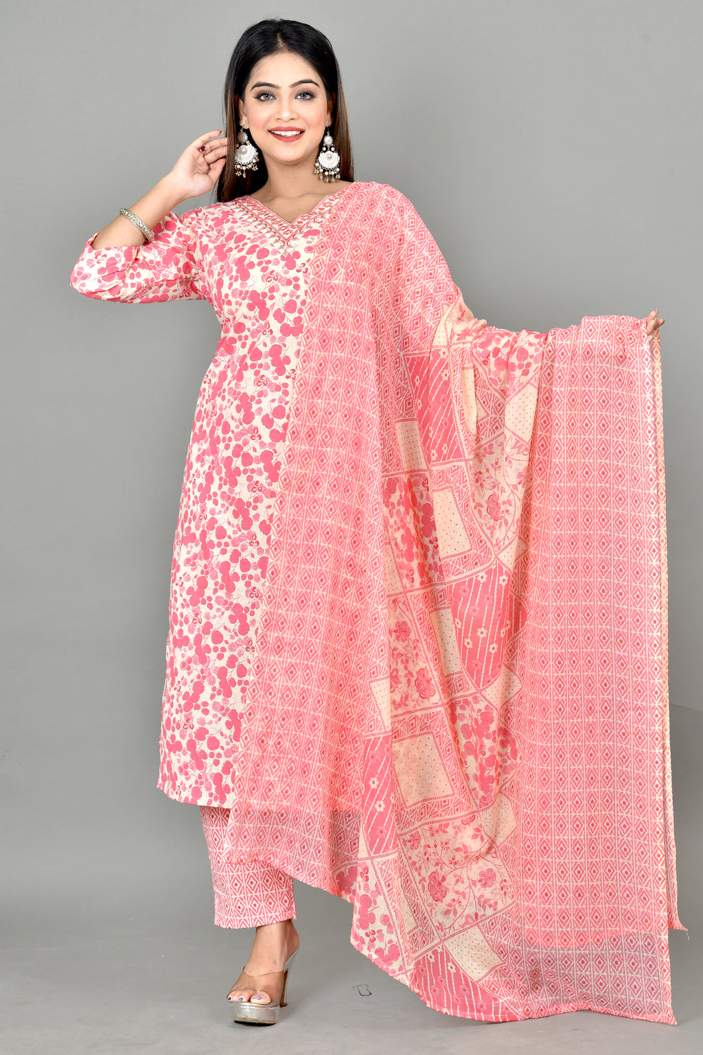 Peach Floral Print Embroidered Kurta With Pant & Dupatta