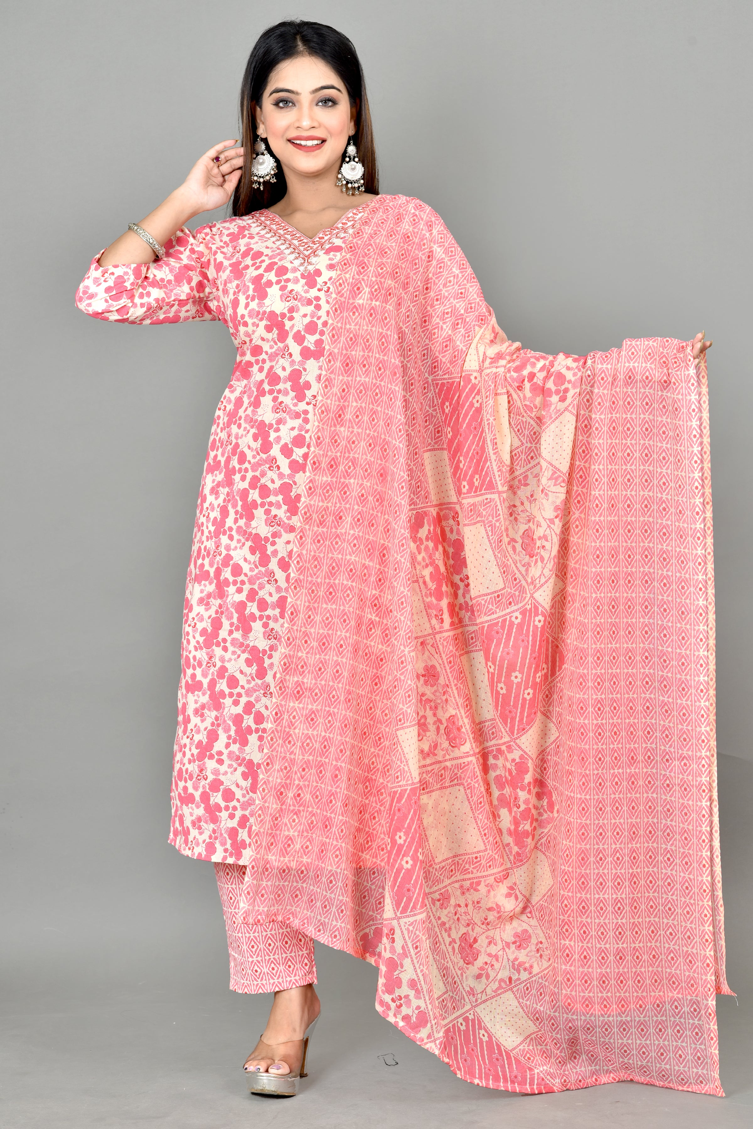 Peach Floral Print Embroidered Kurta With Pant & Dupatta