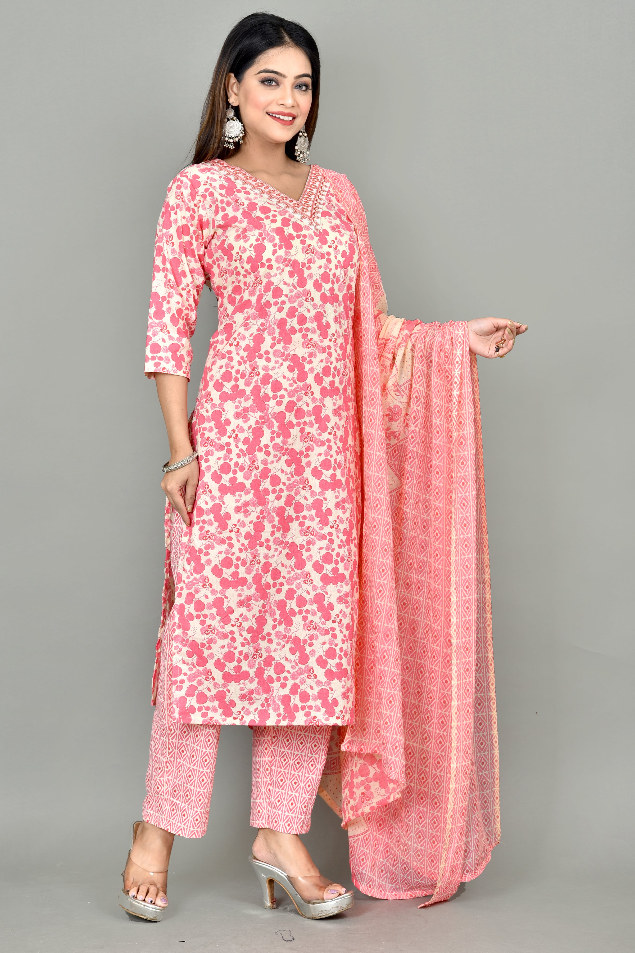 Peach Floral Print Embroidered Kurta With Pant & Dupatta