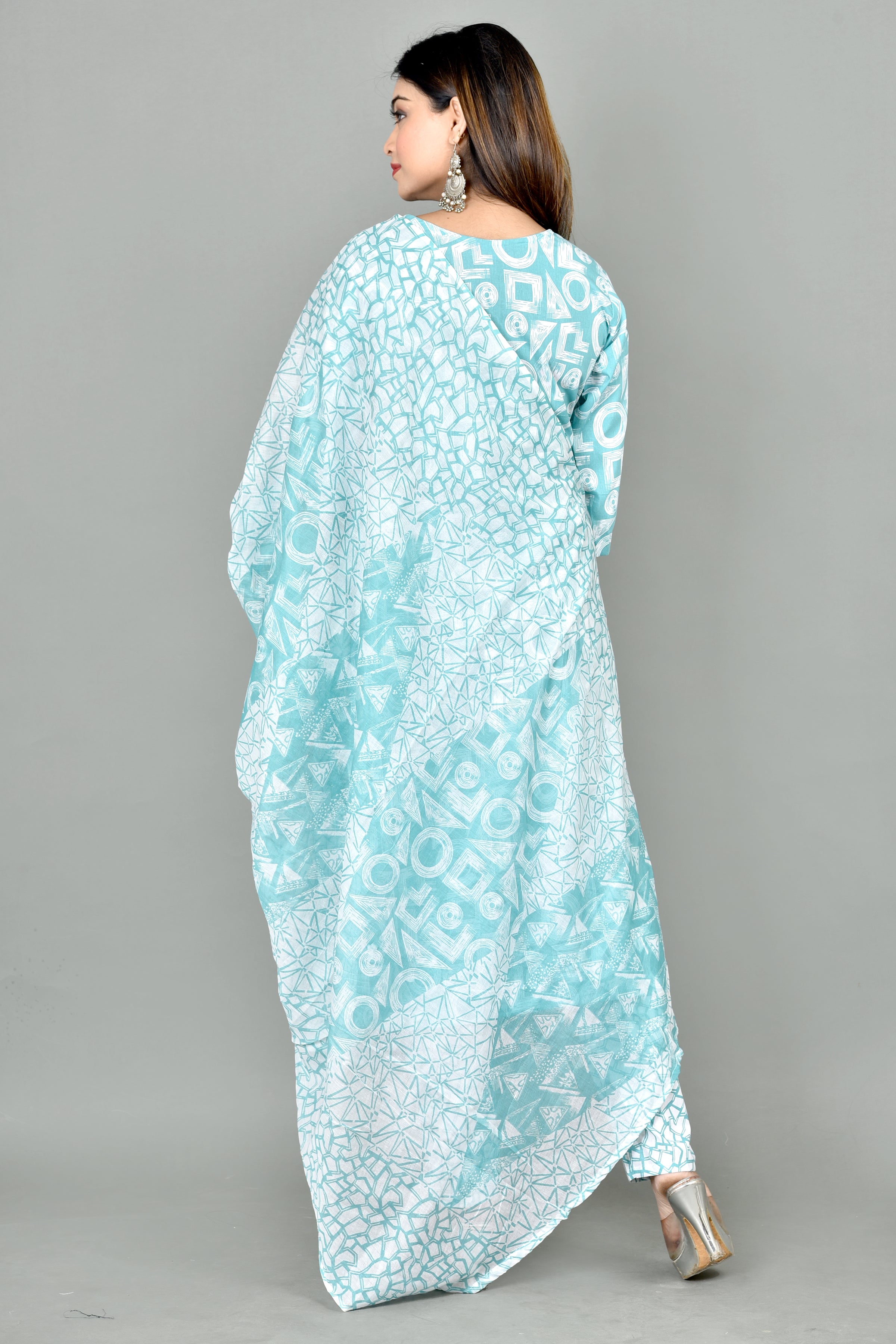 Soft Blue Geometric Print Embroidered Kurta With Pant & Dupatta