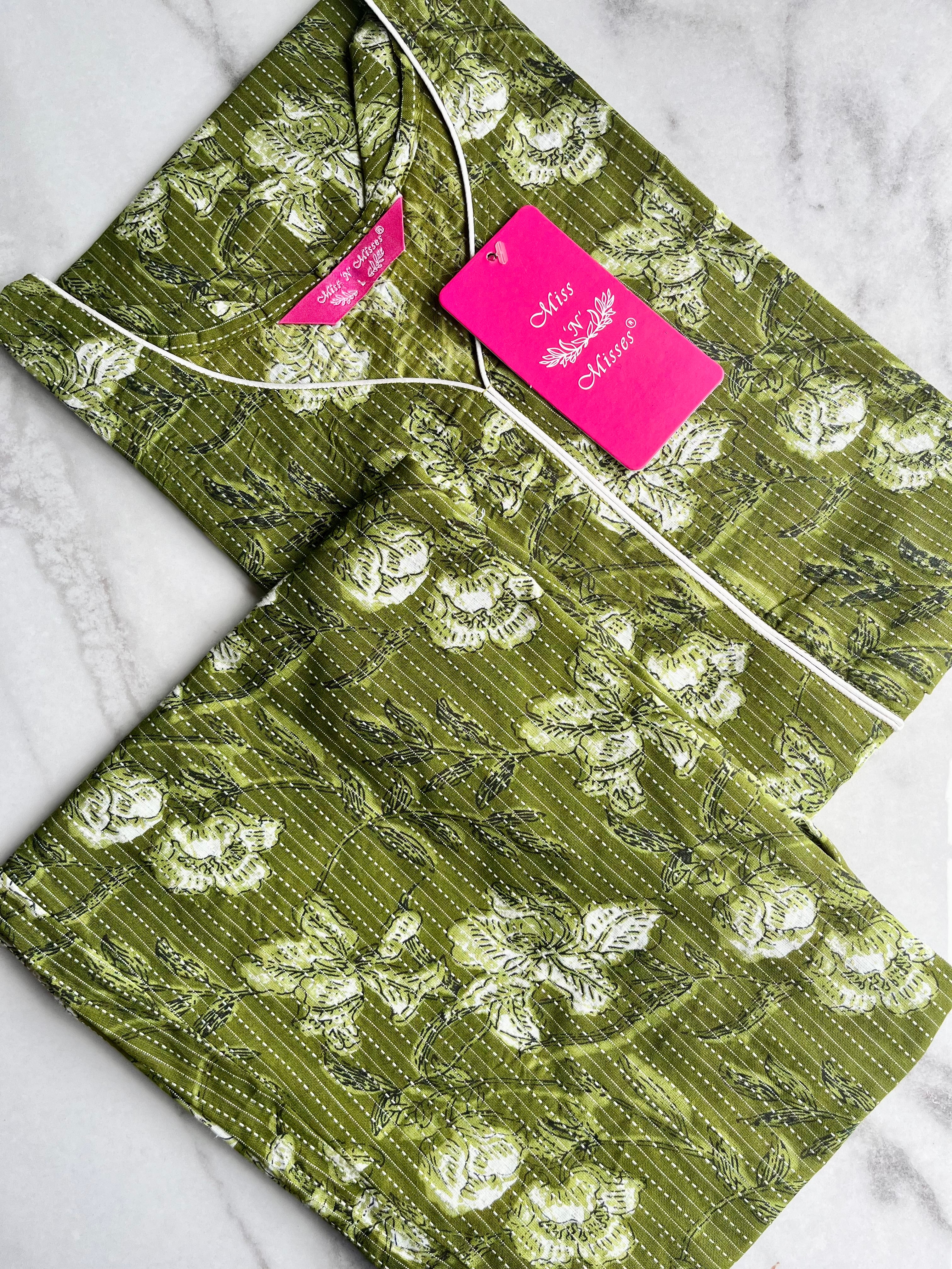 Olive Green Floral Print Threadwork Kurta With Pant