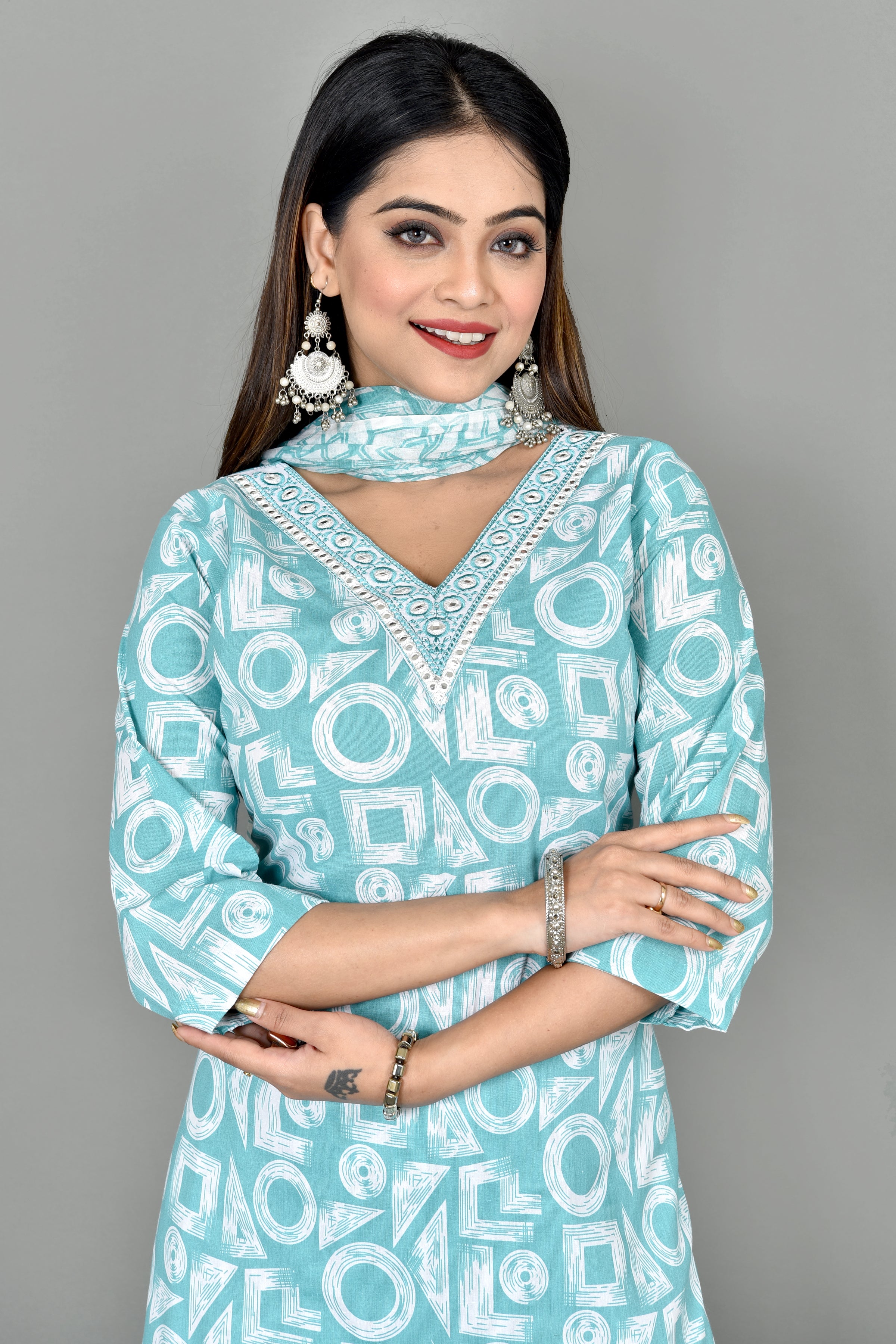Soft Blue Geometric Print Embroidered Kurta With Pant & Dupatta