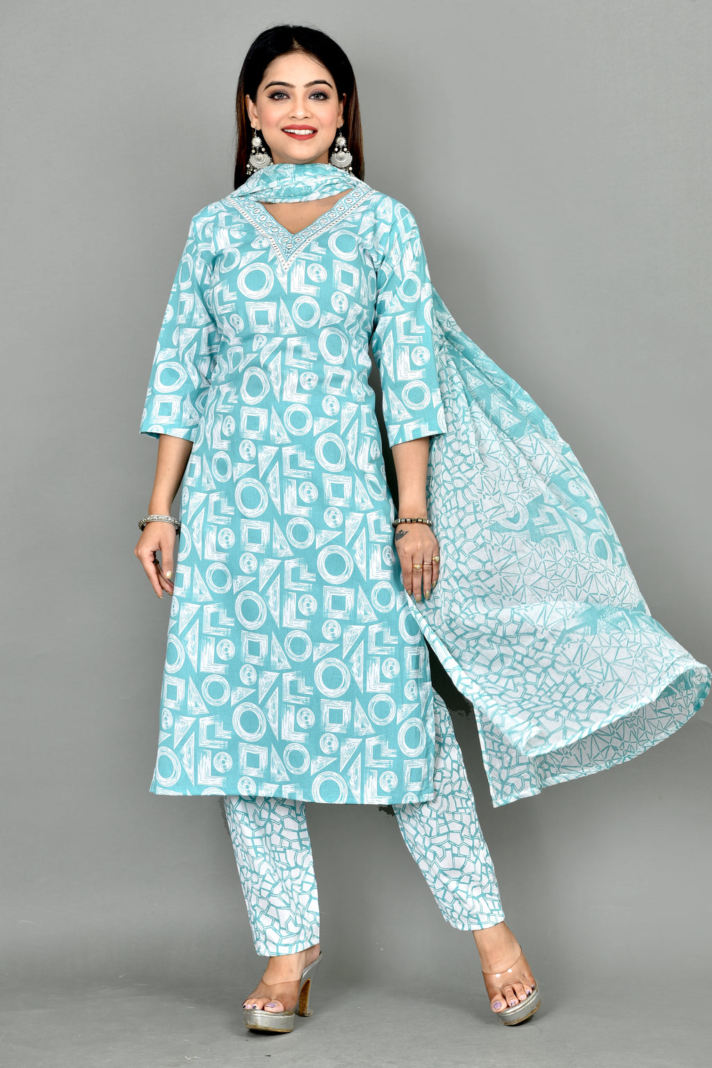 Soft Blue Geometric Print Embroidered Kurta With Pant & Dupatta