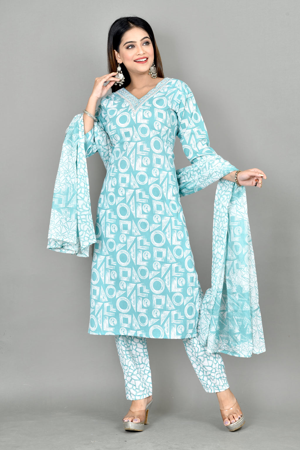 Soft Blue Geometric Print Embroidered Kurta With Pant & Dupatta