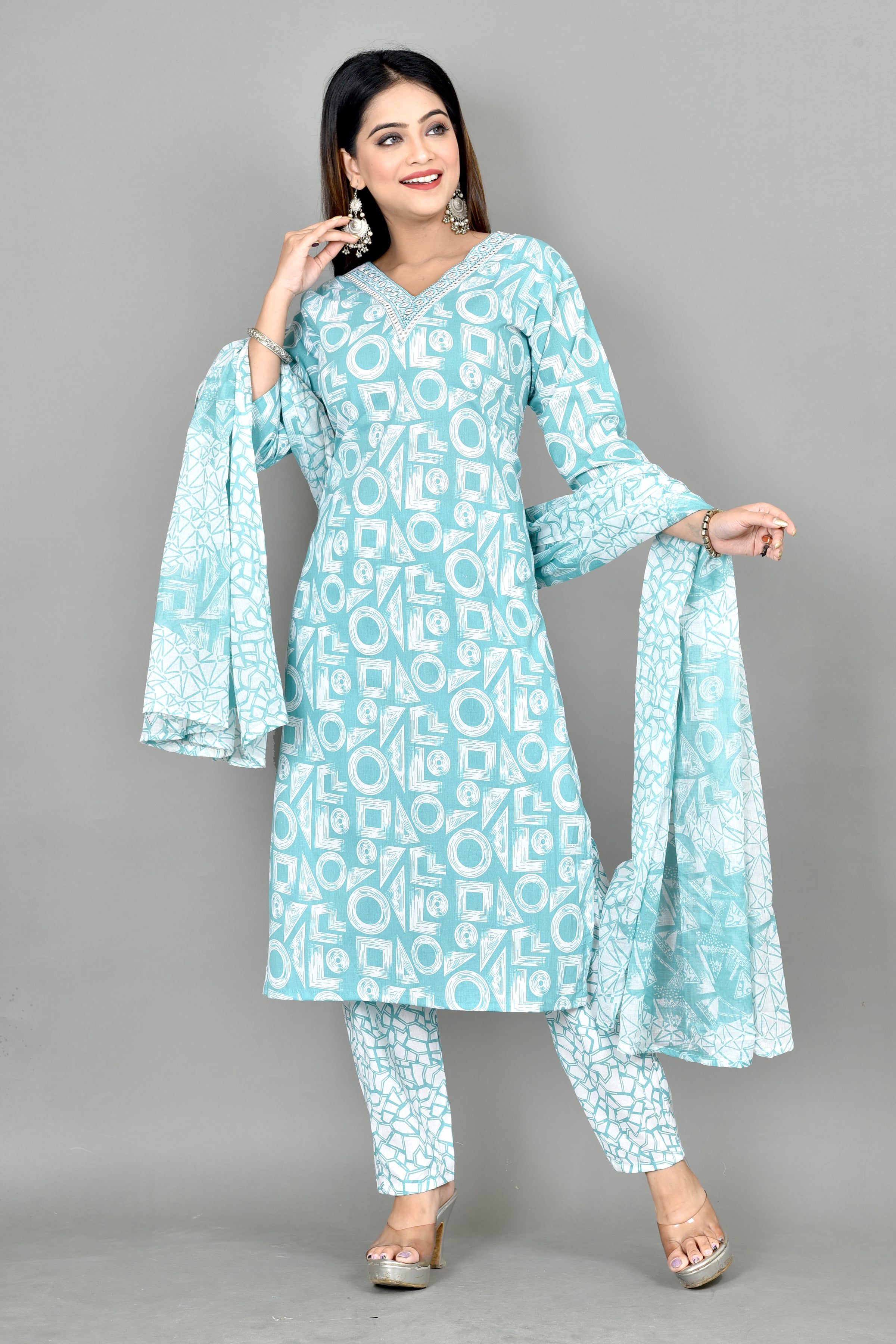 Soft Blue Geometric Print Embroidered Kurta With Pant & Dupatta