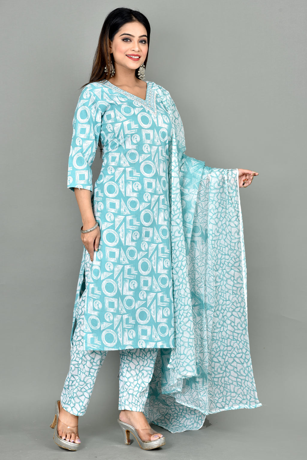 Soft Blue Geometric Print Embroidered Kurta With Pant & Dupatta