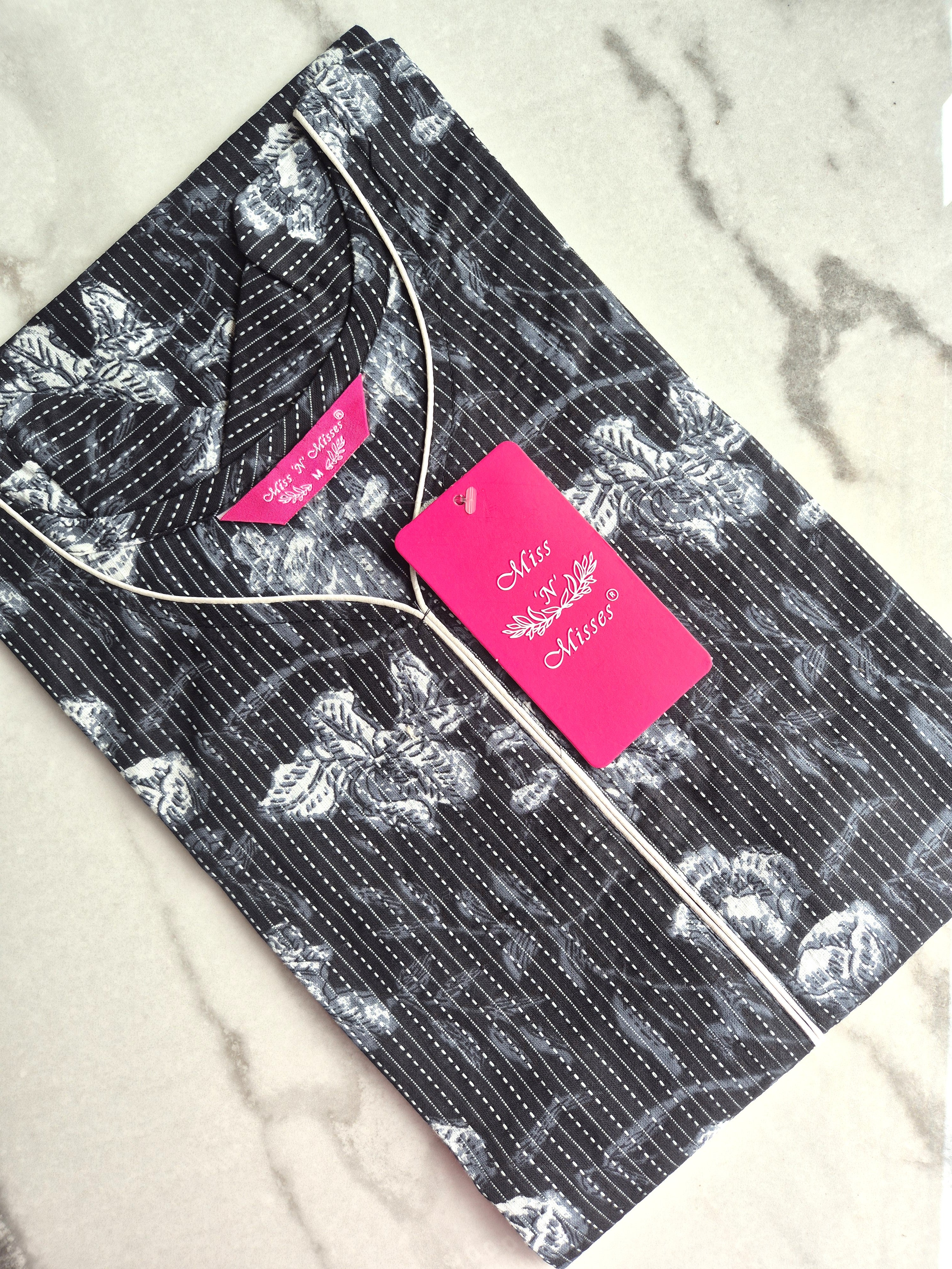 Black Floral Print Threadwork Straight Kurta