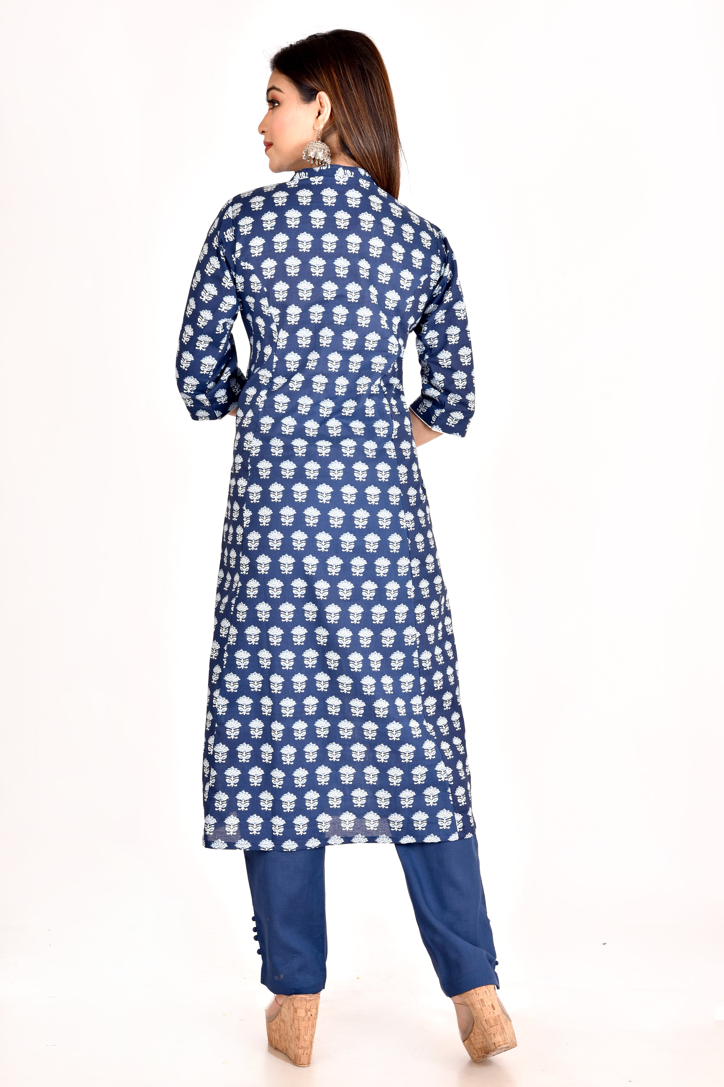 Navy Blue Stylized Lotus Print A-Line Kurta