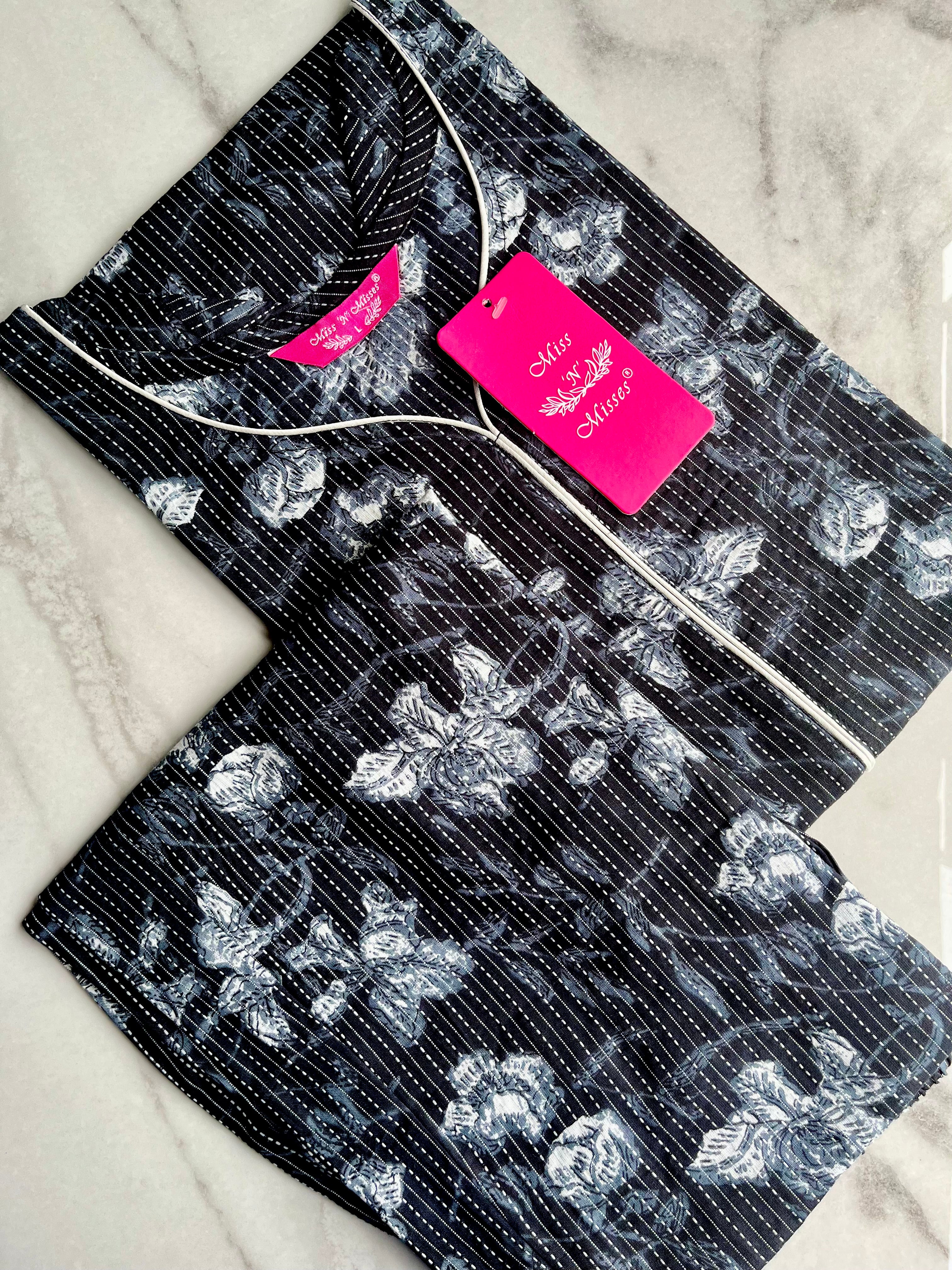 Black Floral Print Threadwork Kurta With Pant