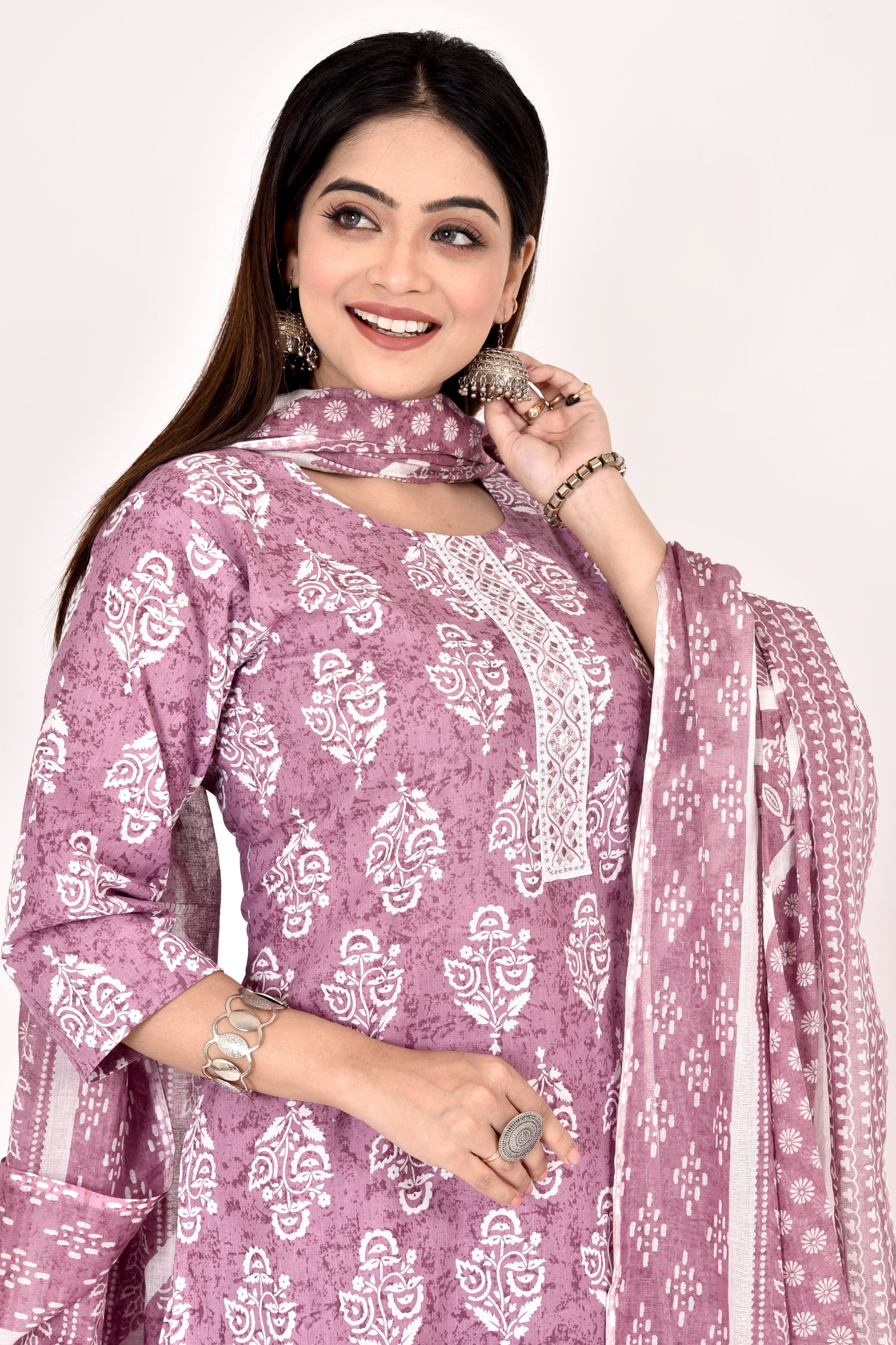Purple Floral Print Embroidered Kurta With Pant & Dupatta