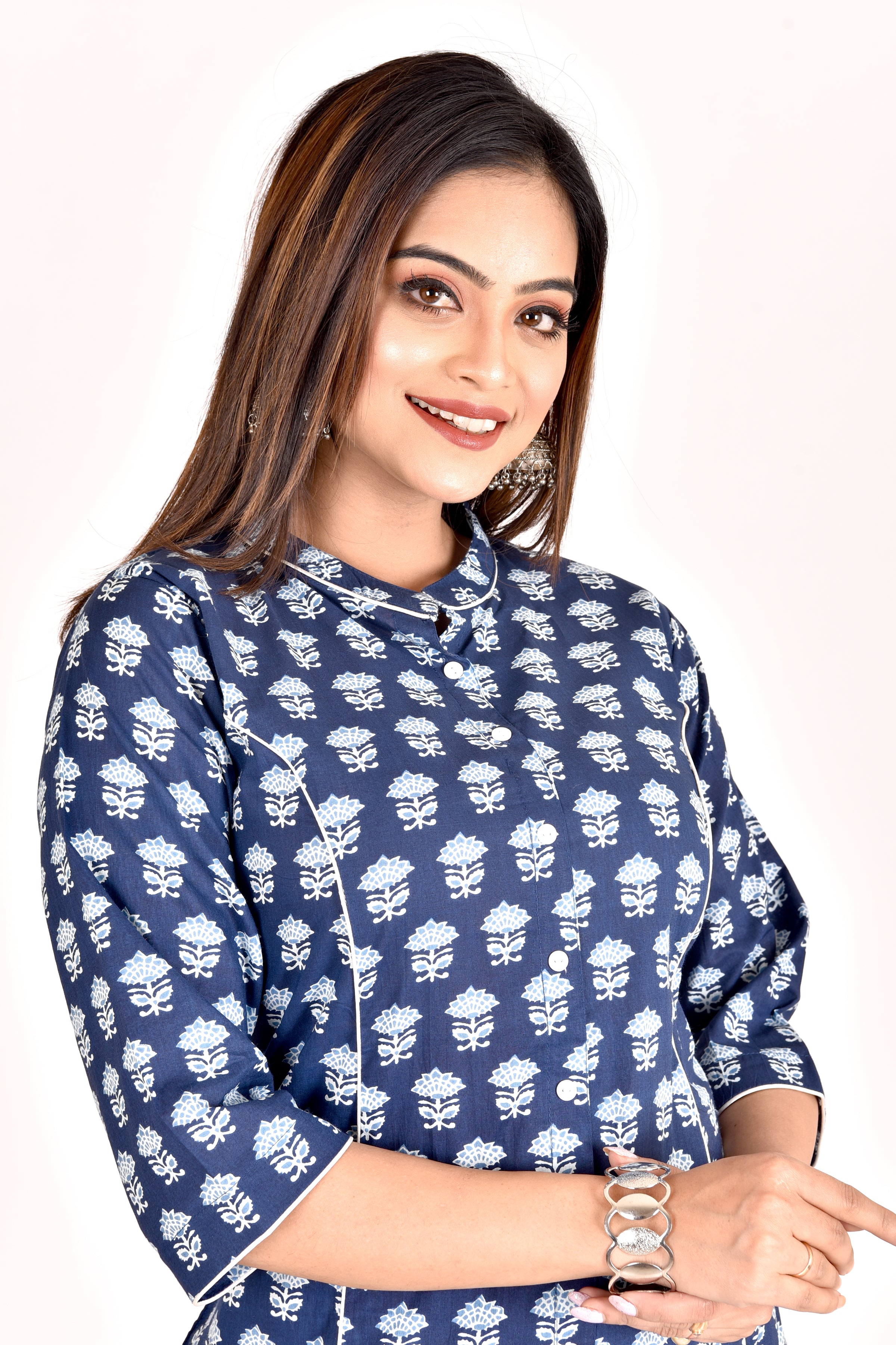 Navy Blue Stylized Lotus Print A-Line Kurta