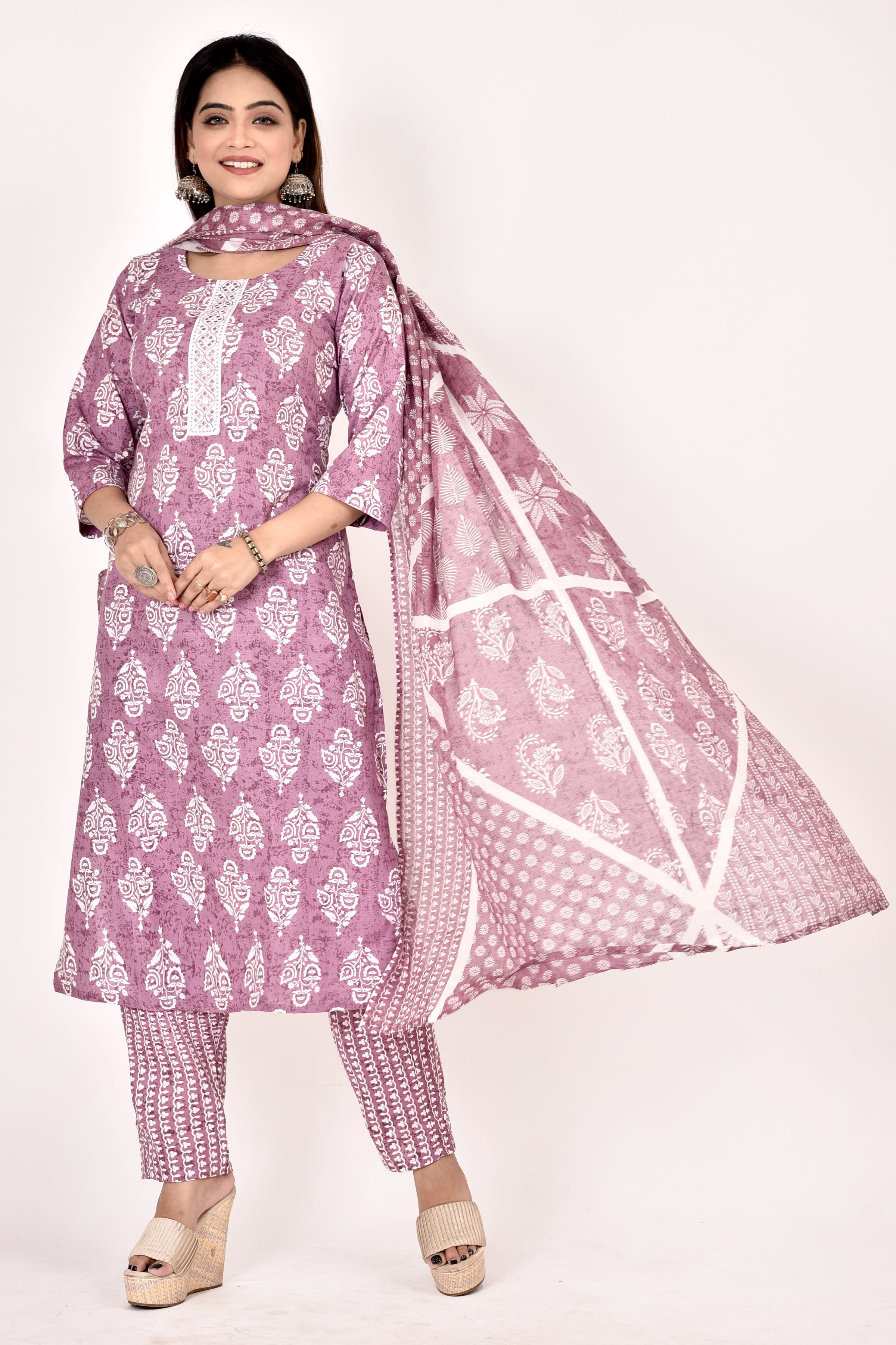 Purple Floral Print Embroidered Kurta With Pant & Dupatta
