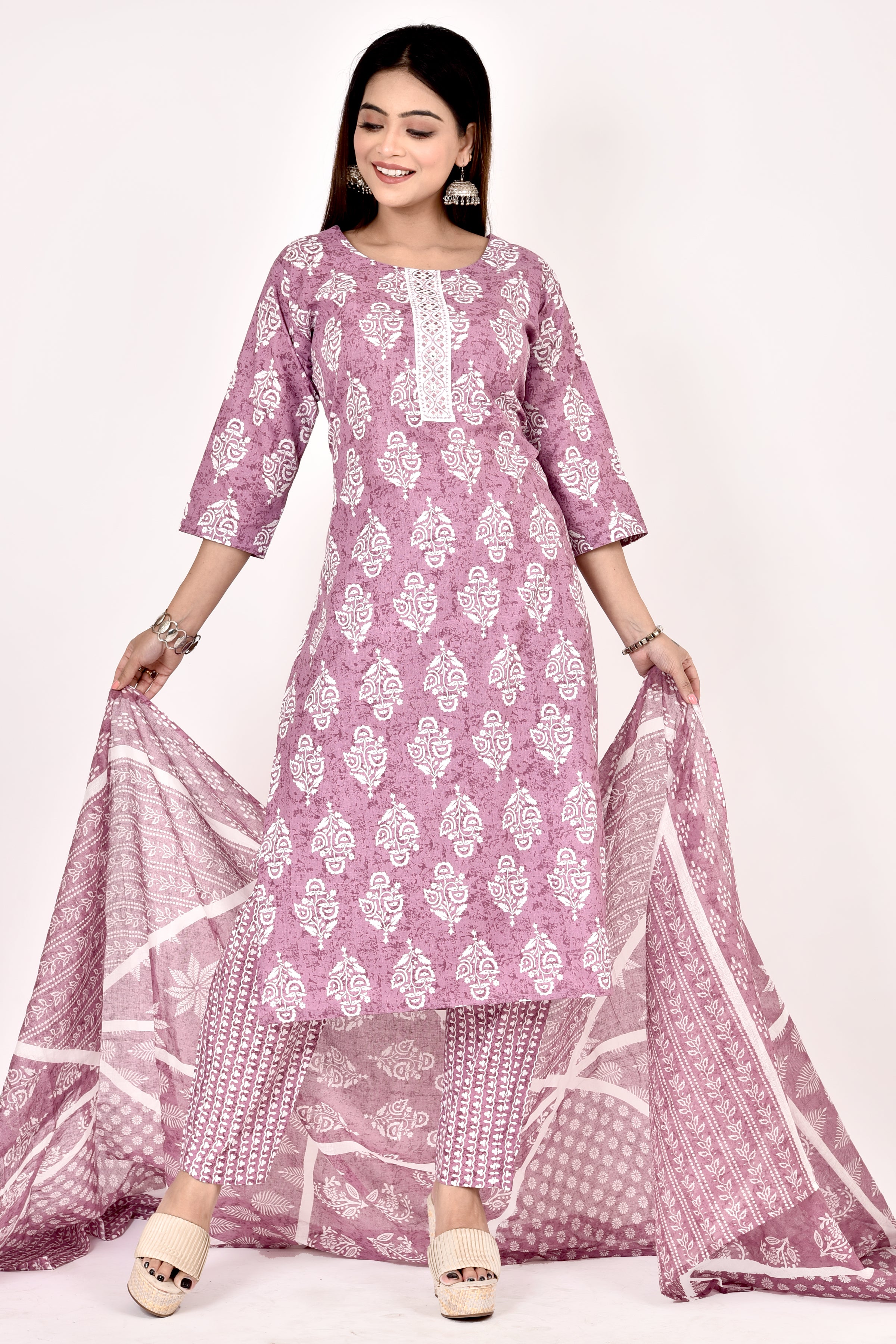 Purple Floral Print Embroidered Kurta With Pant & Dupatta