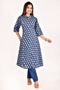 Navy Blue Stylized Lotus Print A-Line Kurta