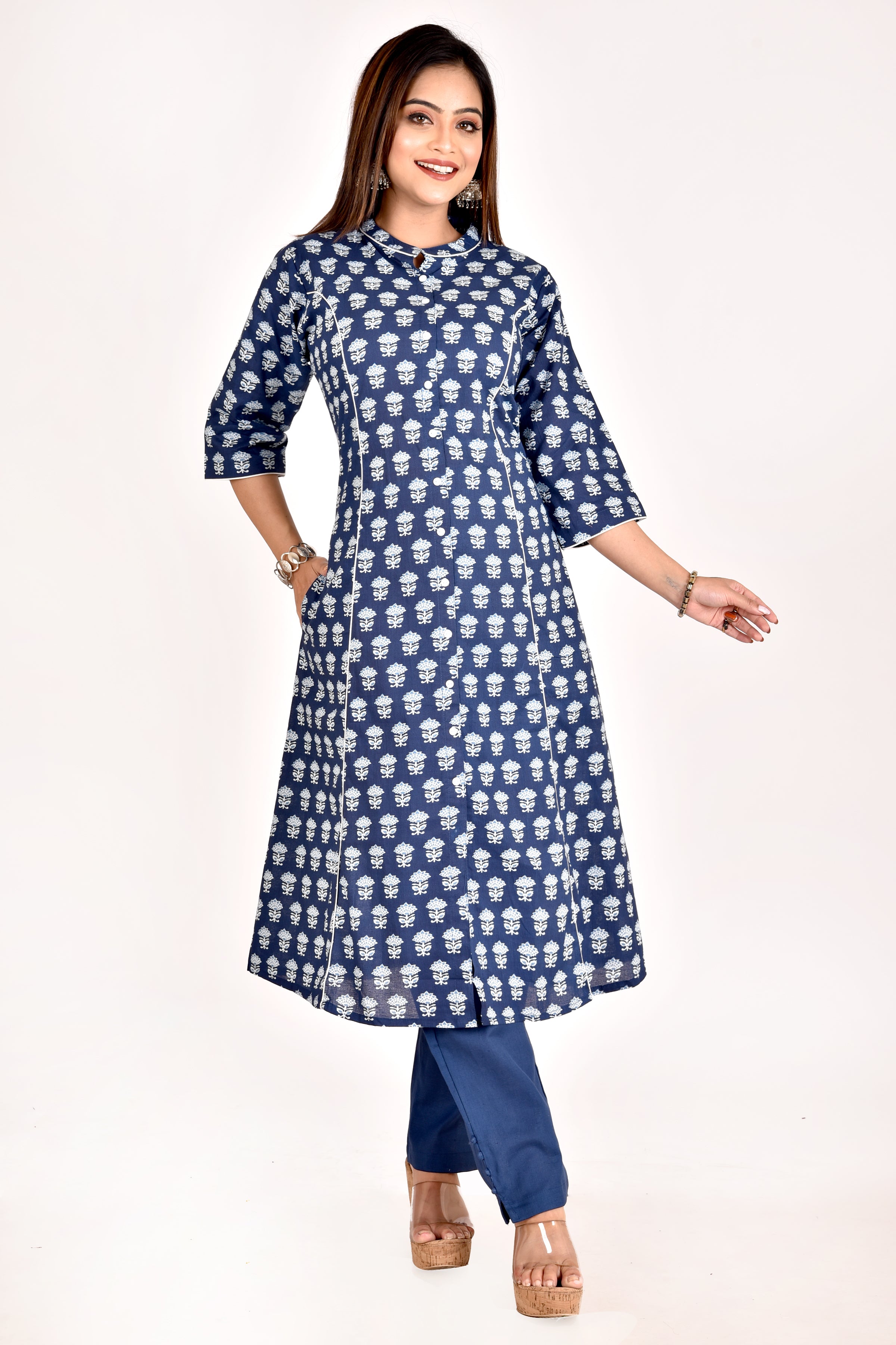 Navy Blue Stylized Lotus Print A-Line Kurta