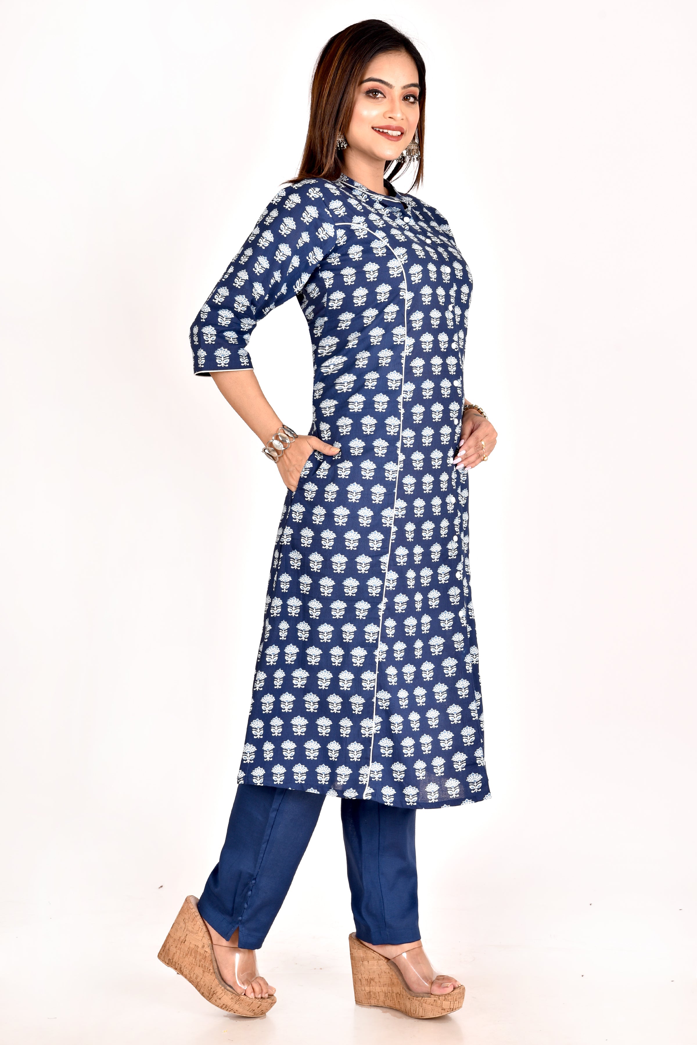 Navy Blue Stylized Lotus Print A-Line Kurta