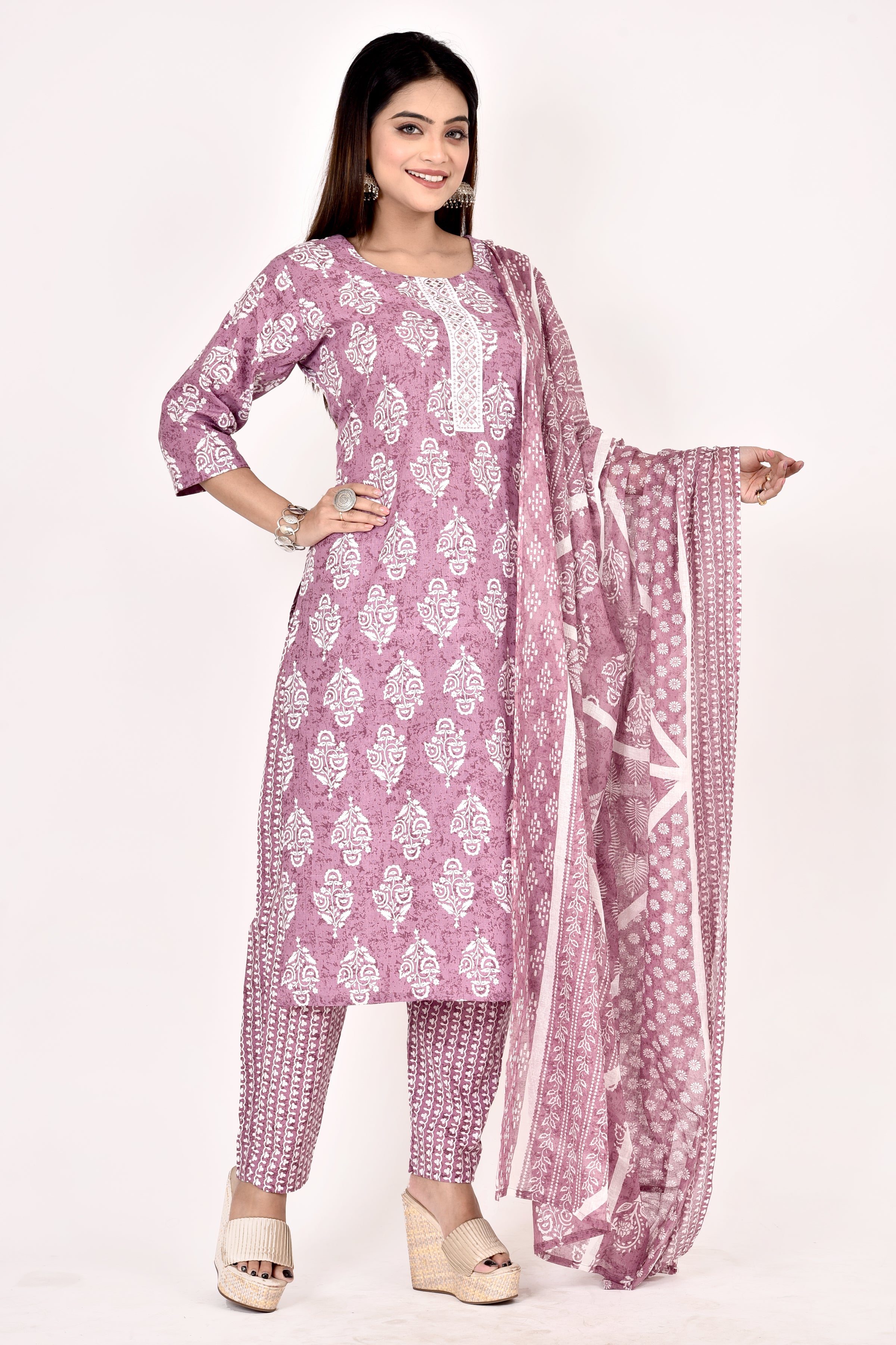 Purple Floral Print Embroidered Kurta With Pant & Dupatta