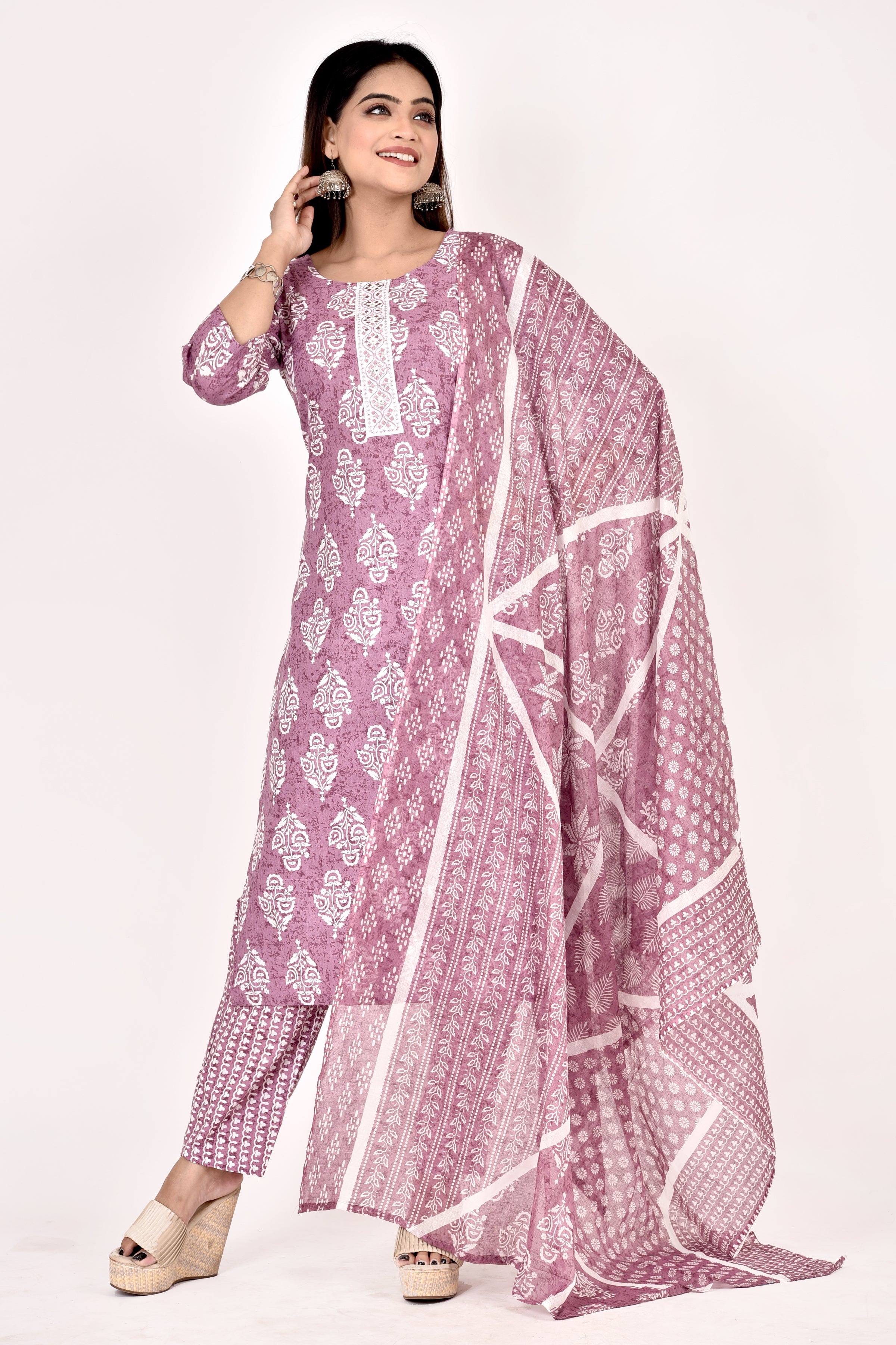 Purple Floral Print Embroidered Kurta With Pant & Dupatta