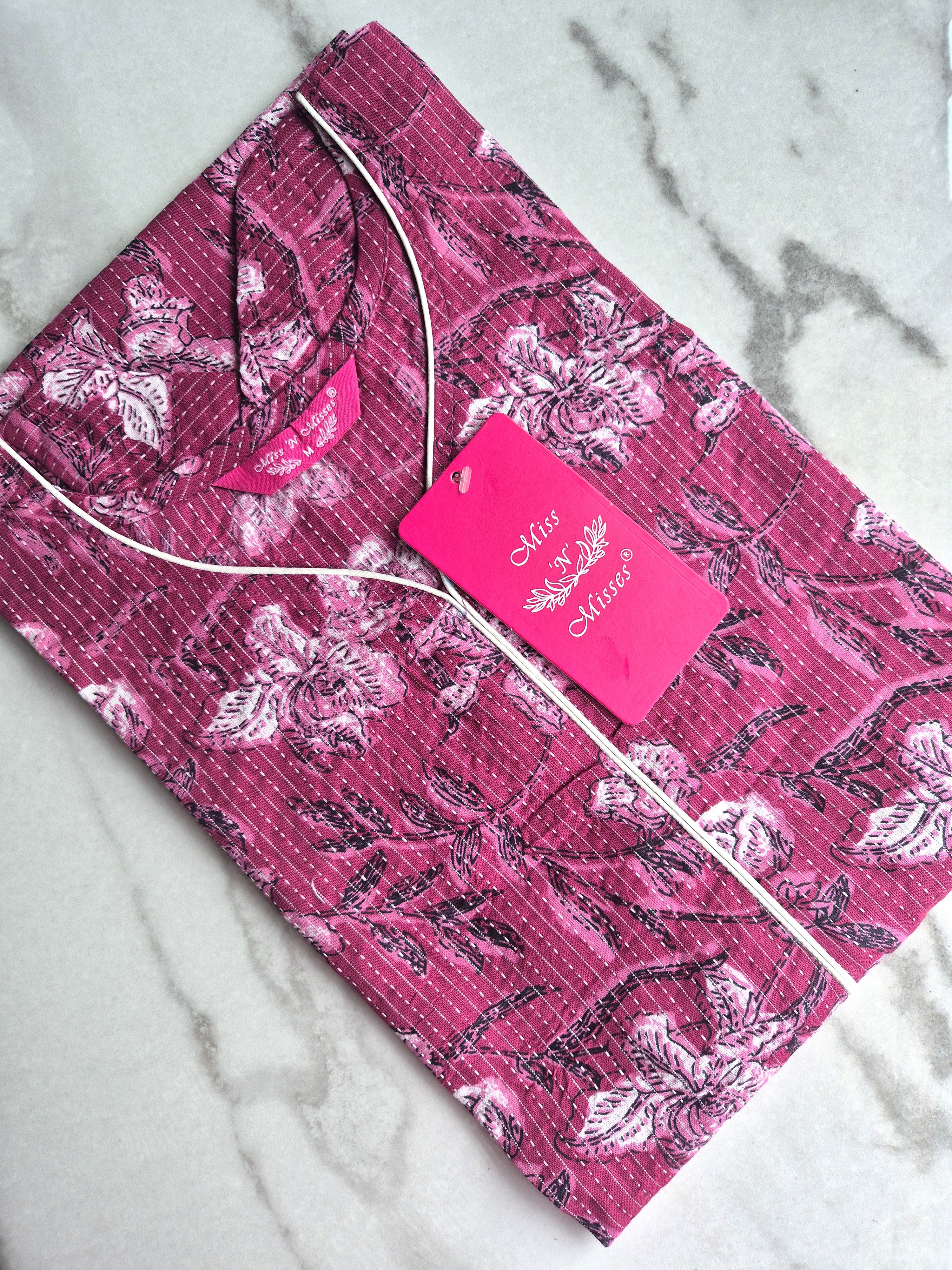 Maroon Floral Print Threadwork Straight Kurta