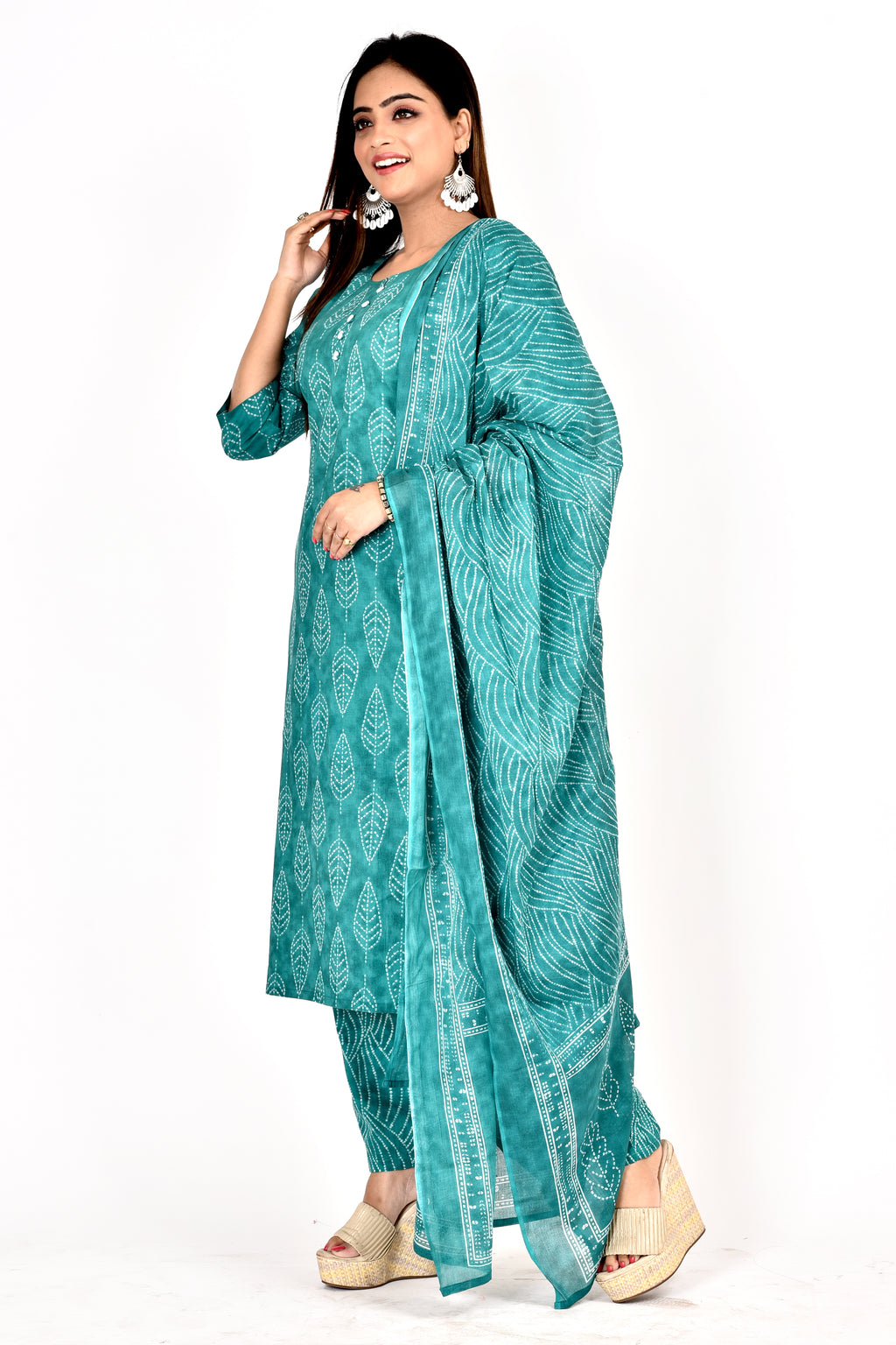 Green Leaf Print Kurta With Pant & Dupatta