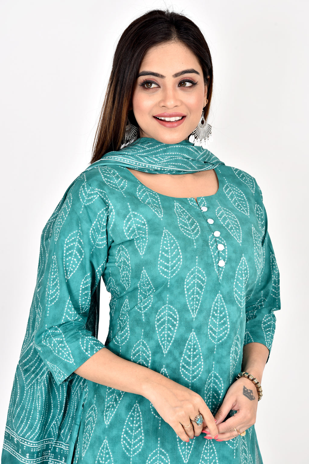 Green Leaf Print Kurta With Pant & Dupatta