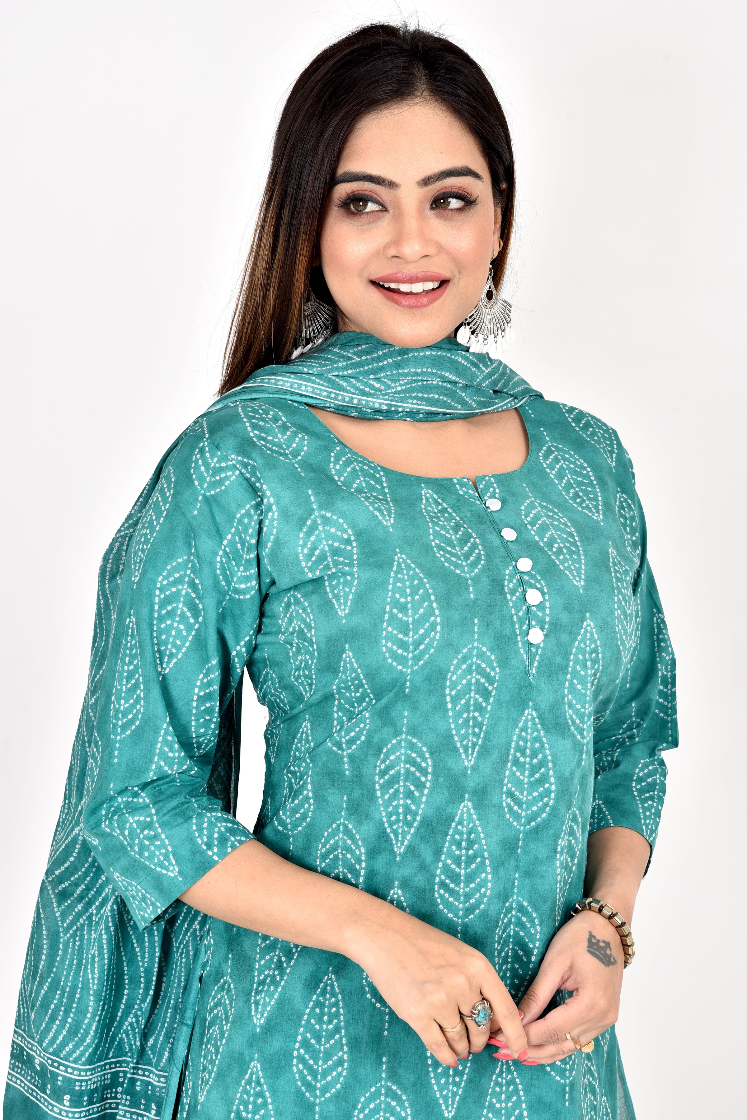 Green Leaf Print Kurta With Pant & Dupatta