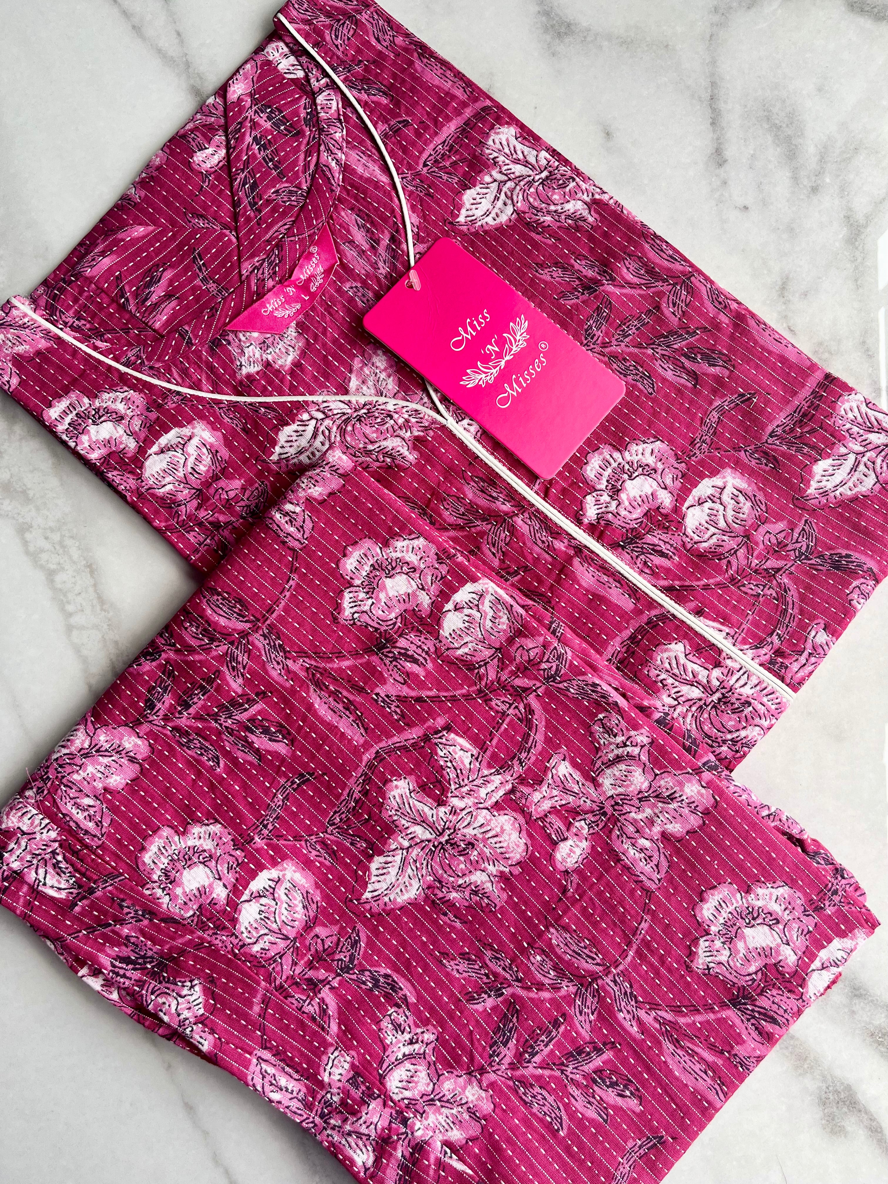 Maroon Floral Print Threadwork Kurta With Pant