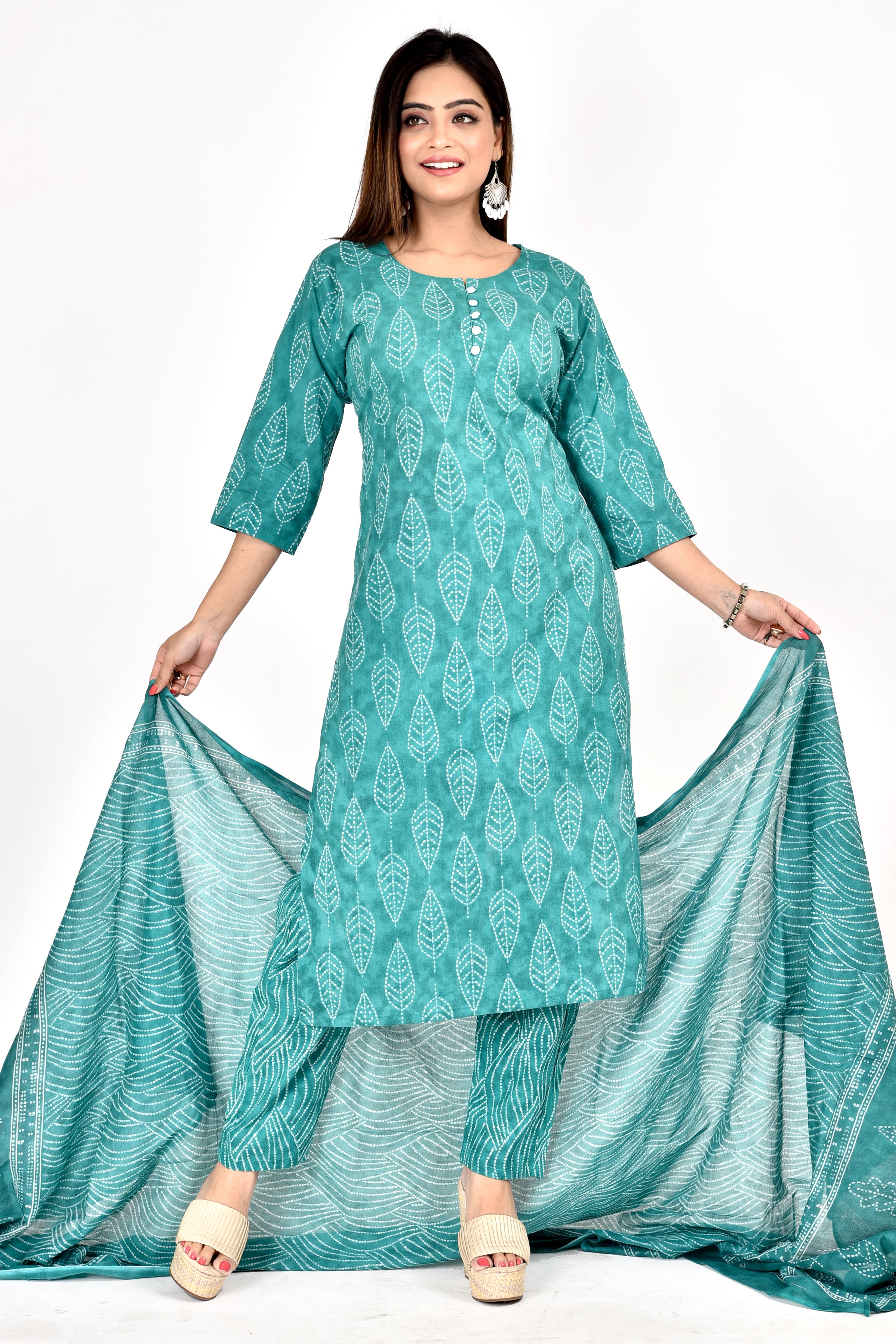 Green Leaf Print Kurta With Pant & Dupatta
