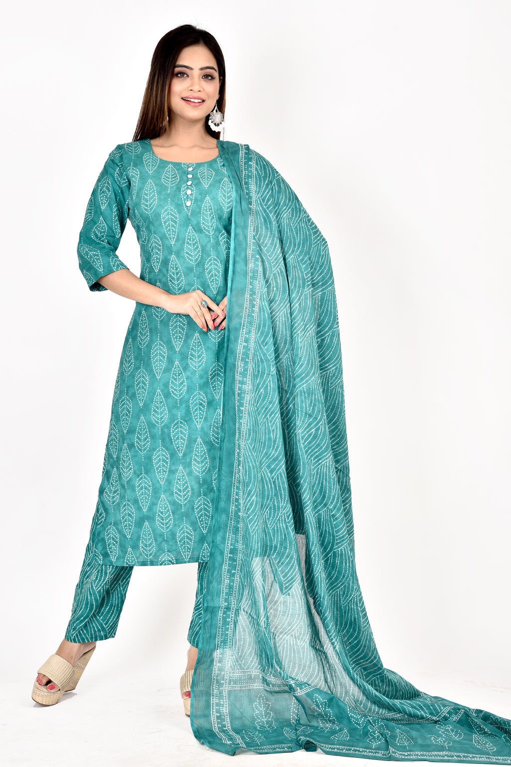 Green Leaf Print Kurta With Pant & Dupatta