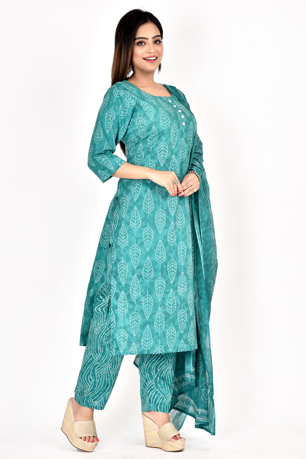 Green Leaf Print Kurta With Pant & Dupatta