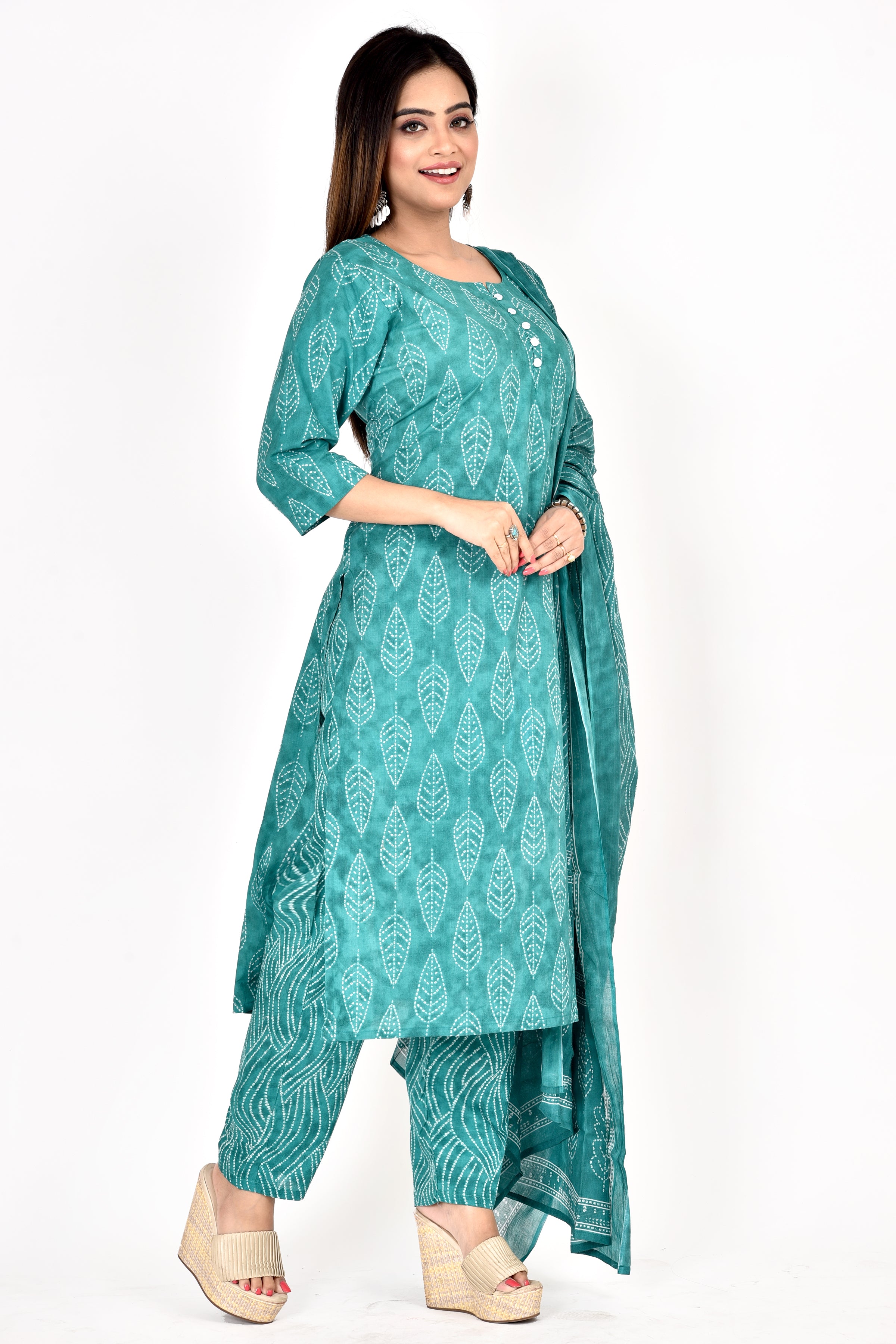 Green Leaf Print Kurta With Pant & Dupatta