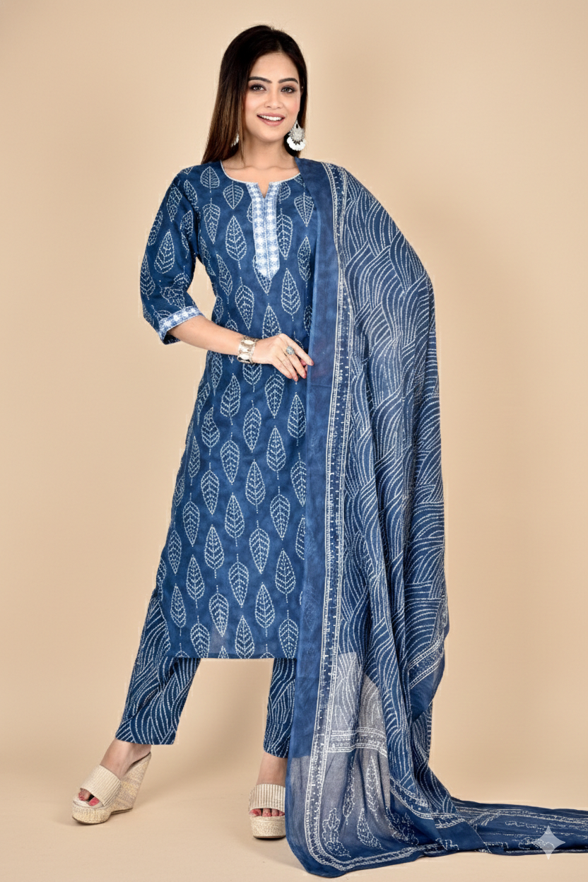 Blue Floral Embroidered Kurta With Pant With Dupatta