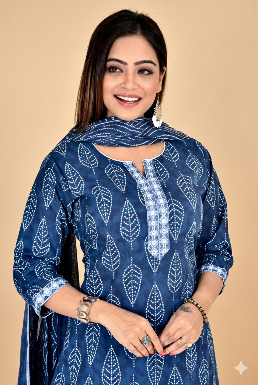 Blue Floral Embroidered Kurta With Pant With Dupatta