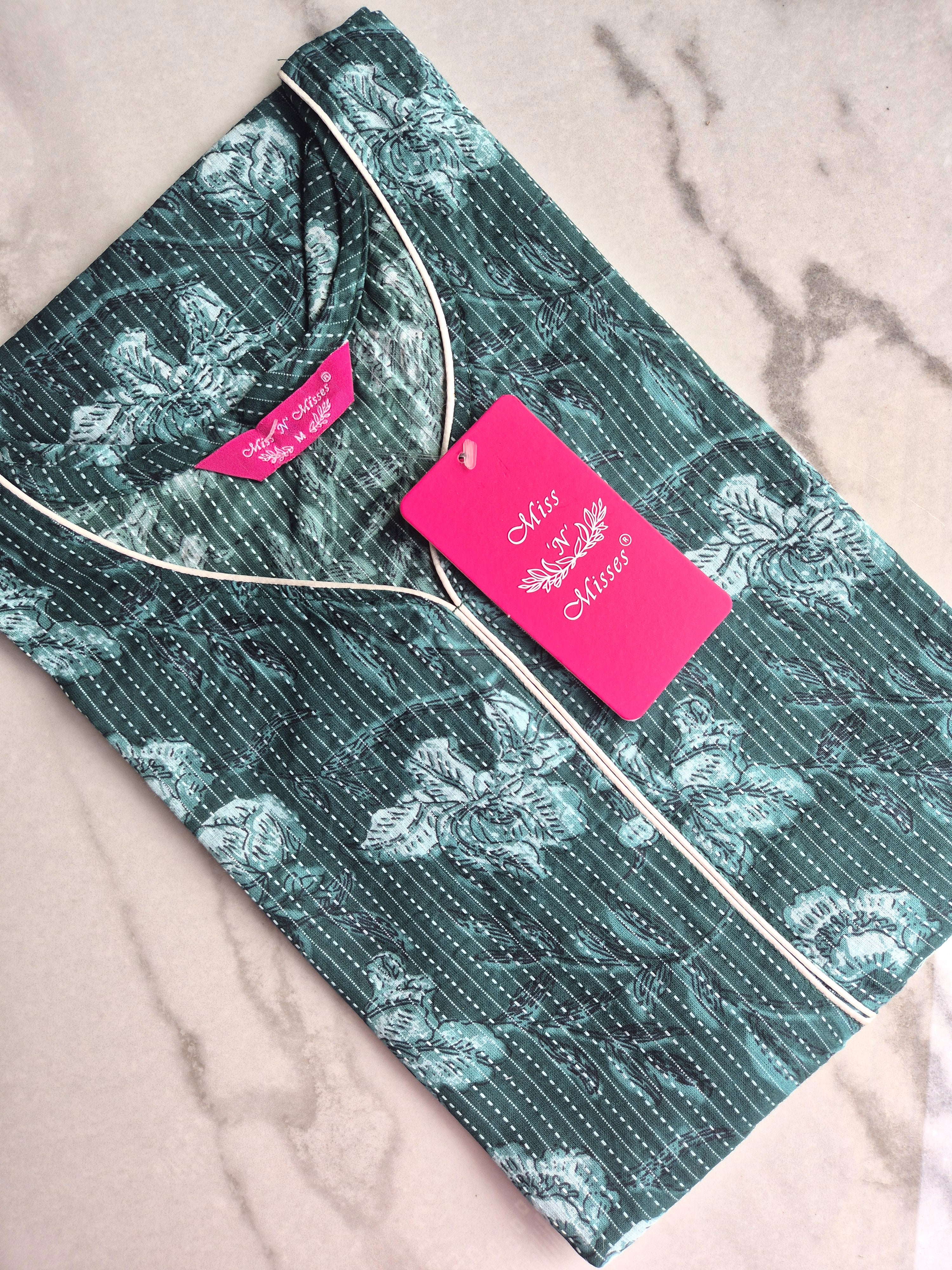 Green Floral Print Threadwork Straight Kurta