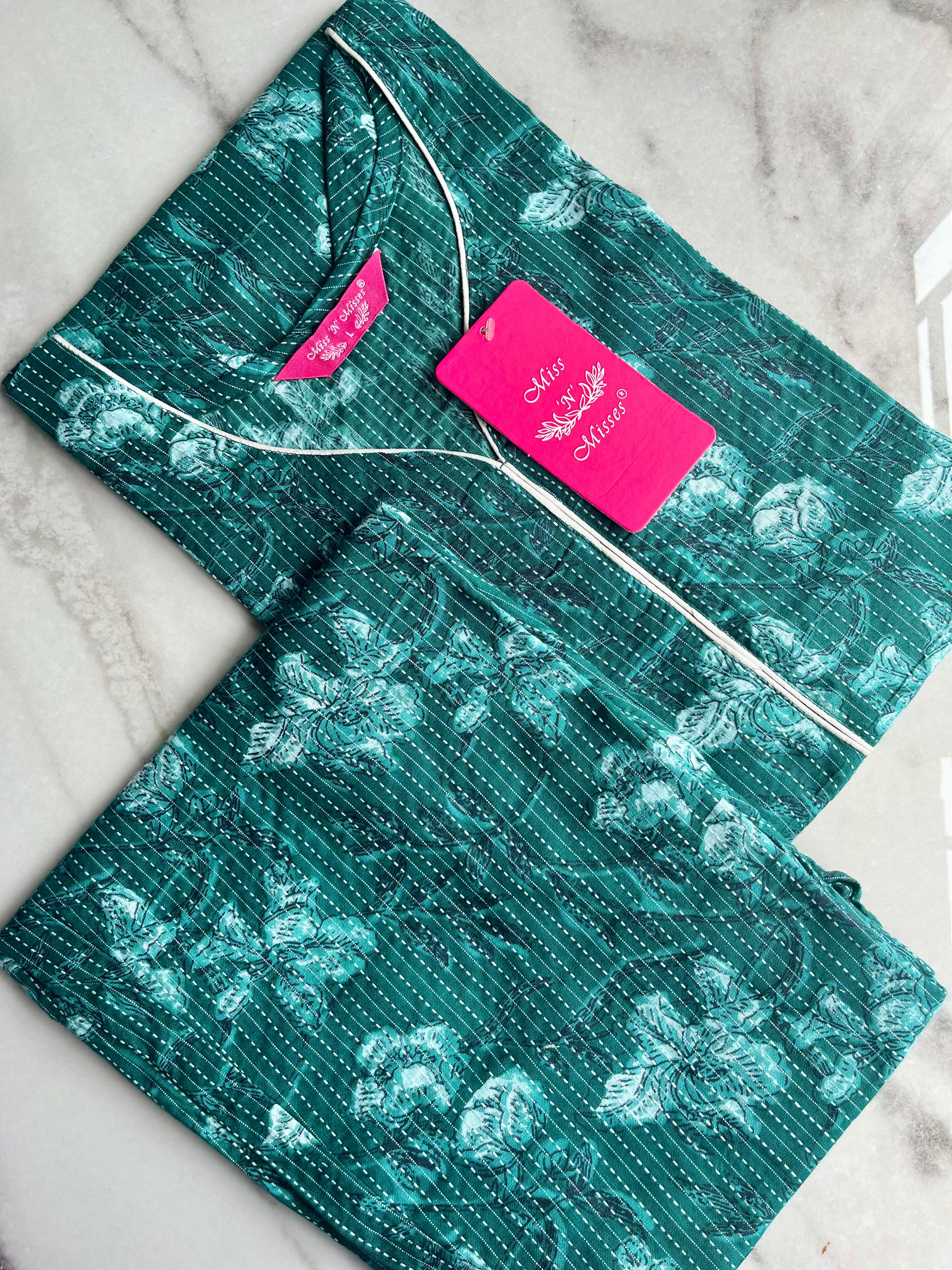 Dark Green Floral Print Threadwork Kurta With Pant