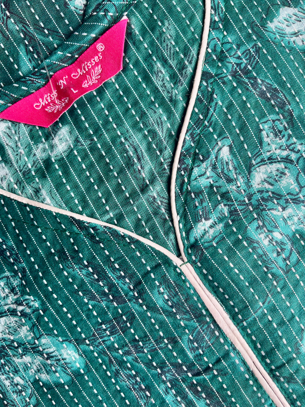 Green Floral Print Threadwork Straight Kurta