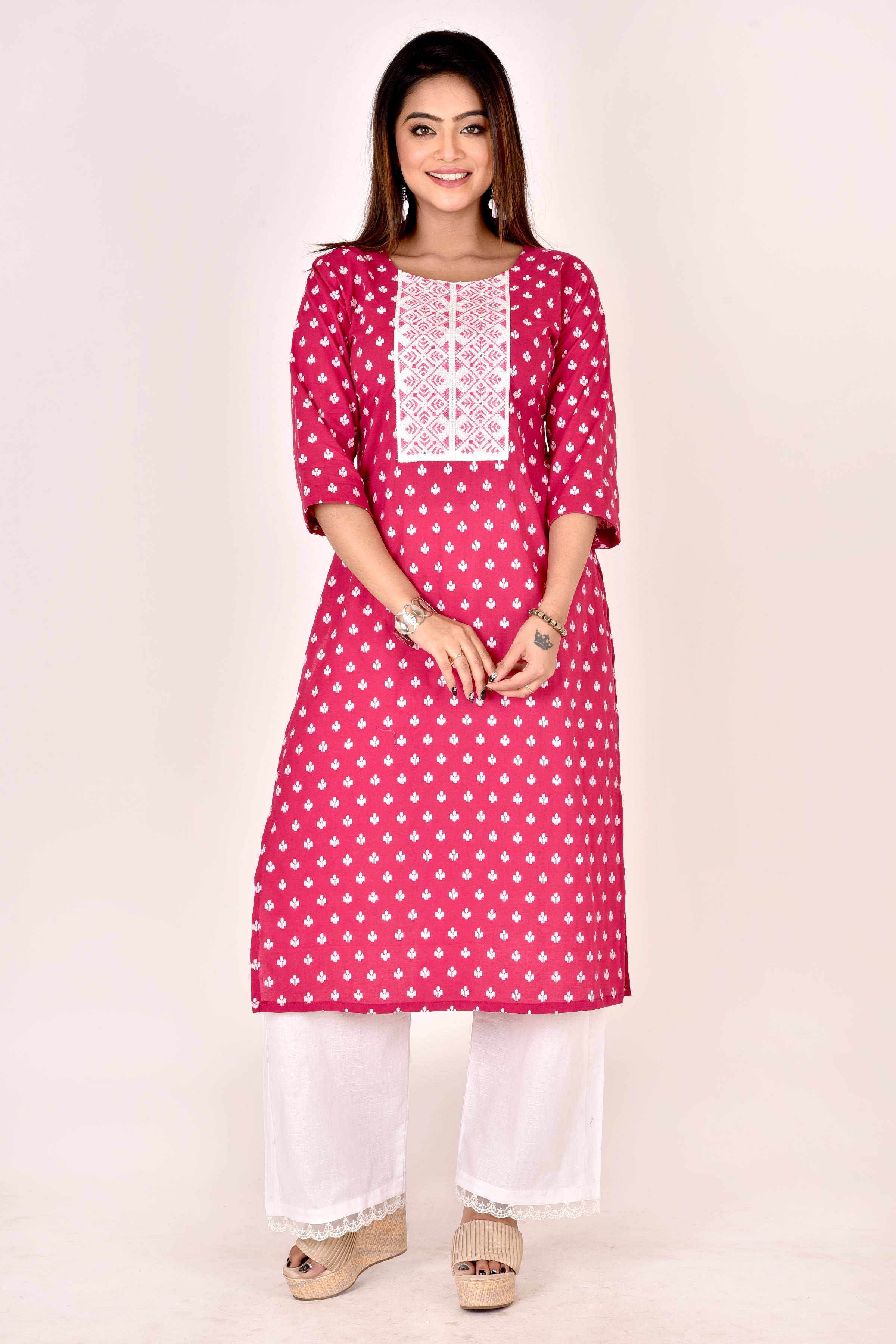 Magenta Pink Floral Embroidered Straight Kurta