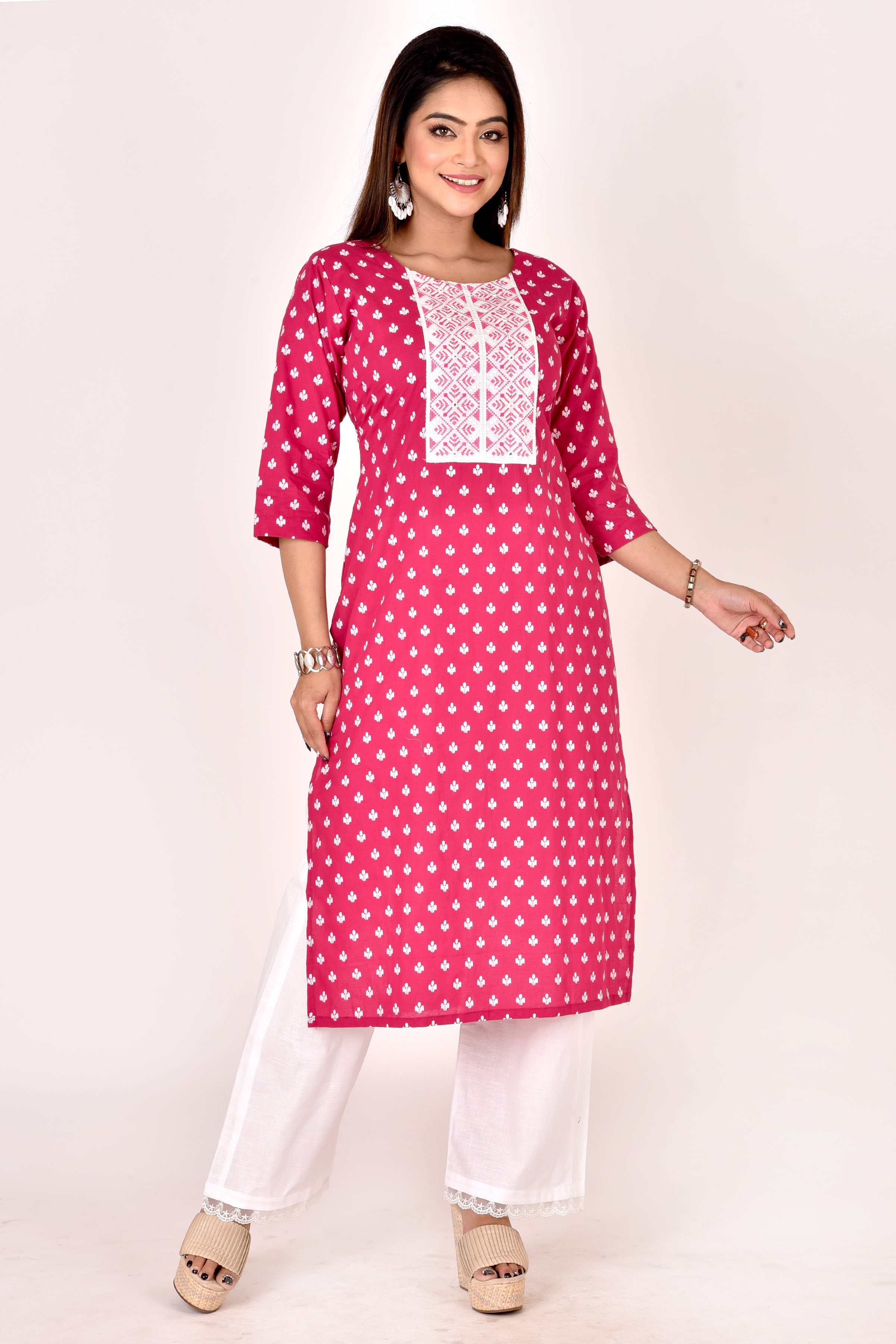Magenta Pink Floral Embroidered Straight Kurta