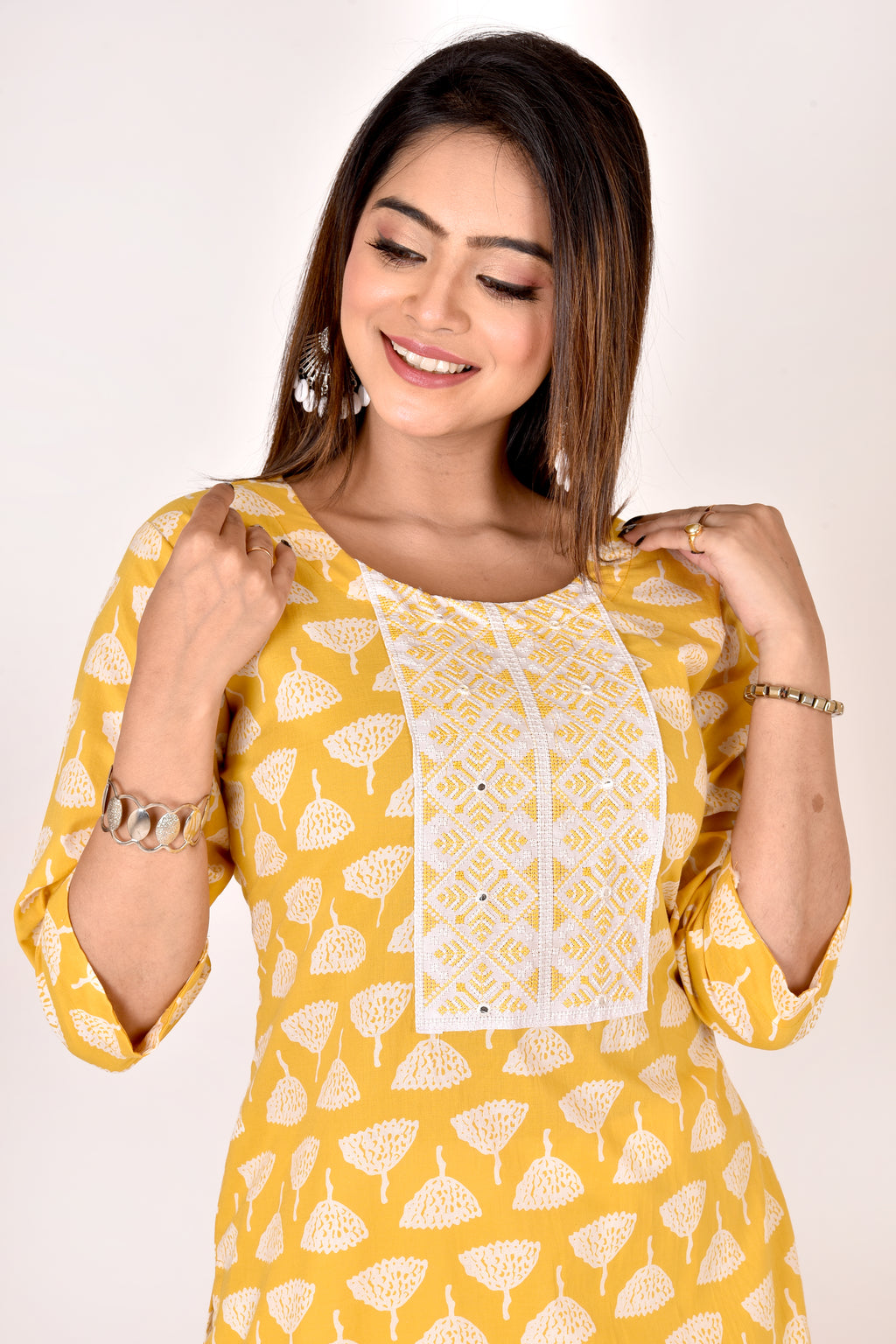 Yellow Floral Embroidered Straight Kurta