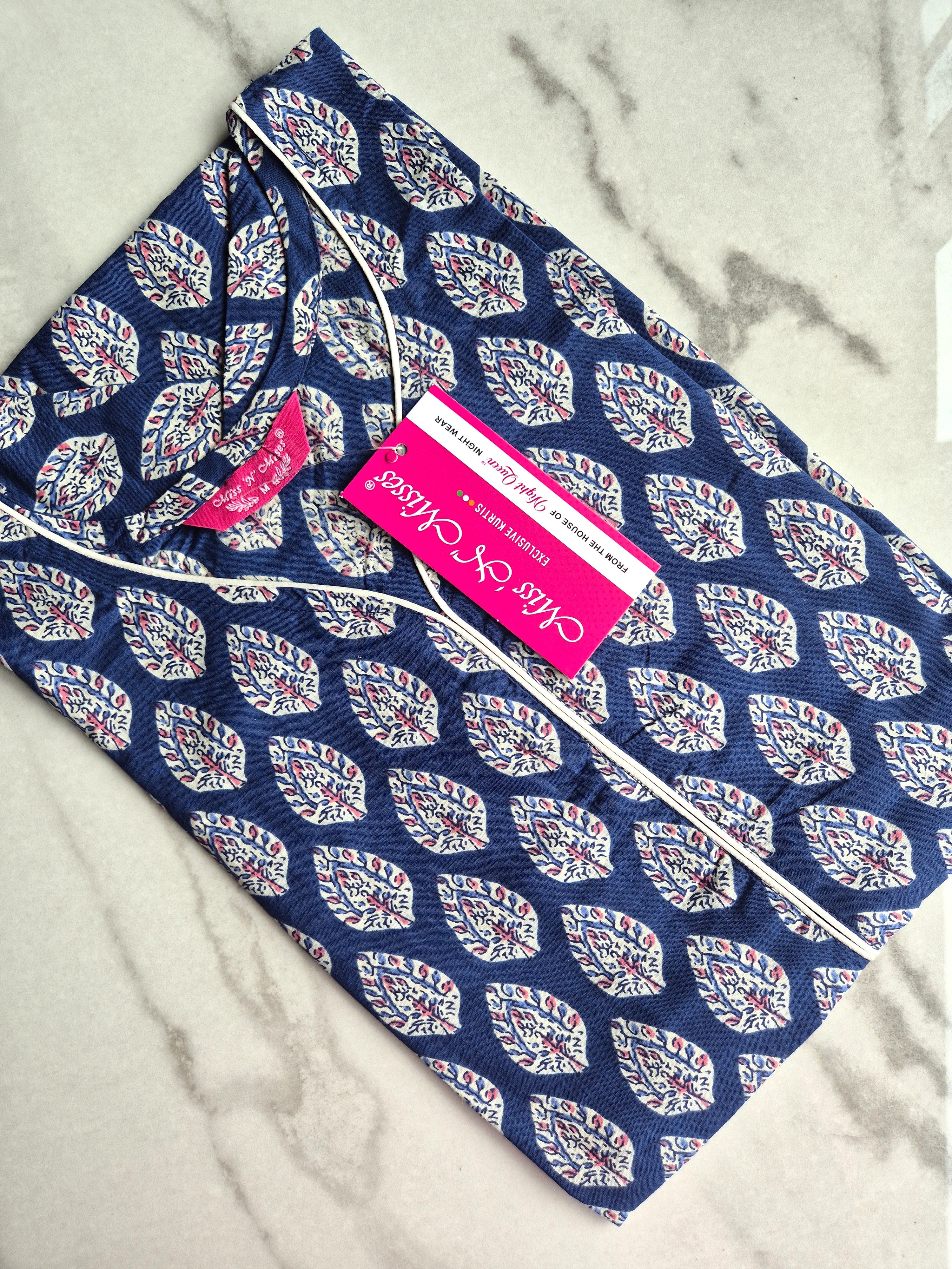 Navy Blue Leaf Print Straight Kurta