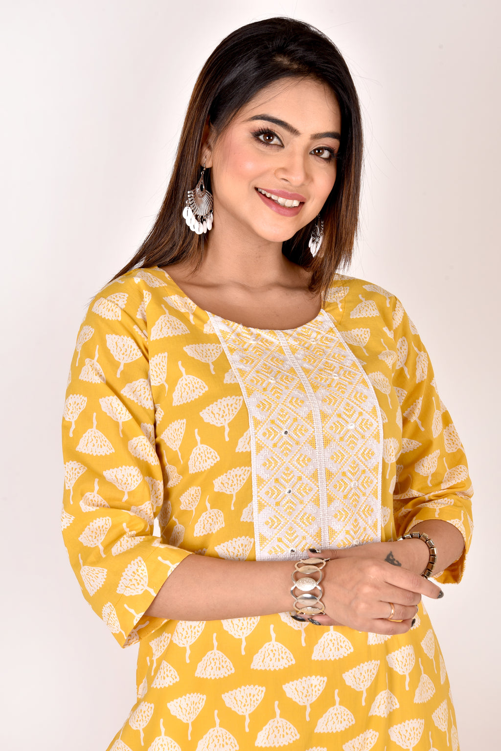 Yellow Floral Embroidered Straight Kurta