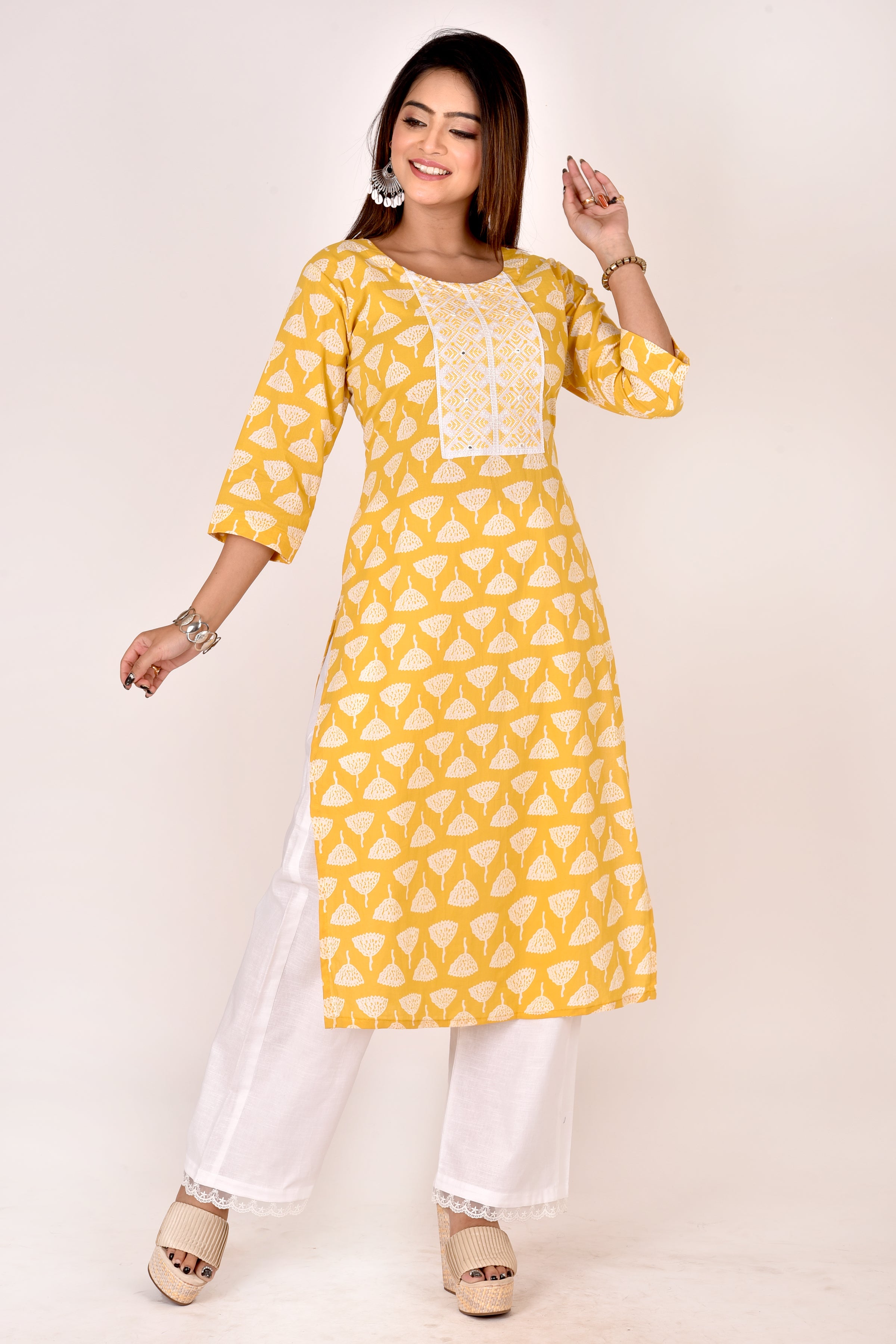 Yellow Floral Embroidered Straight Kurta