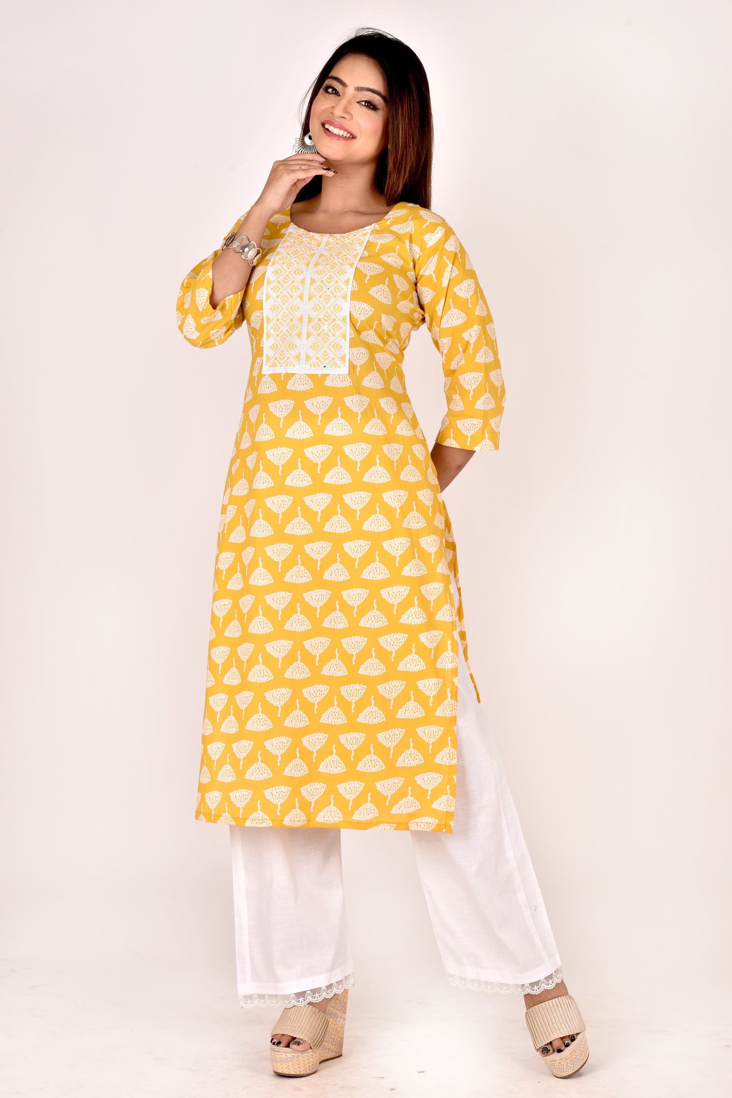 Yellow Floral Embroidered Straight Kurta