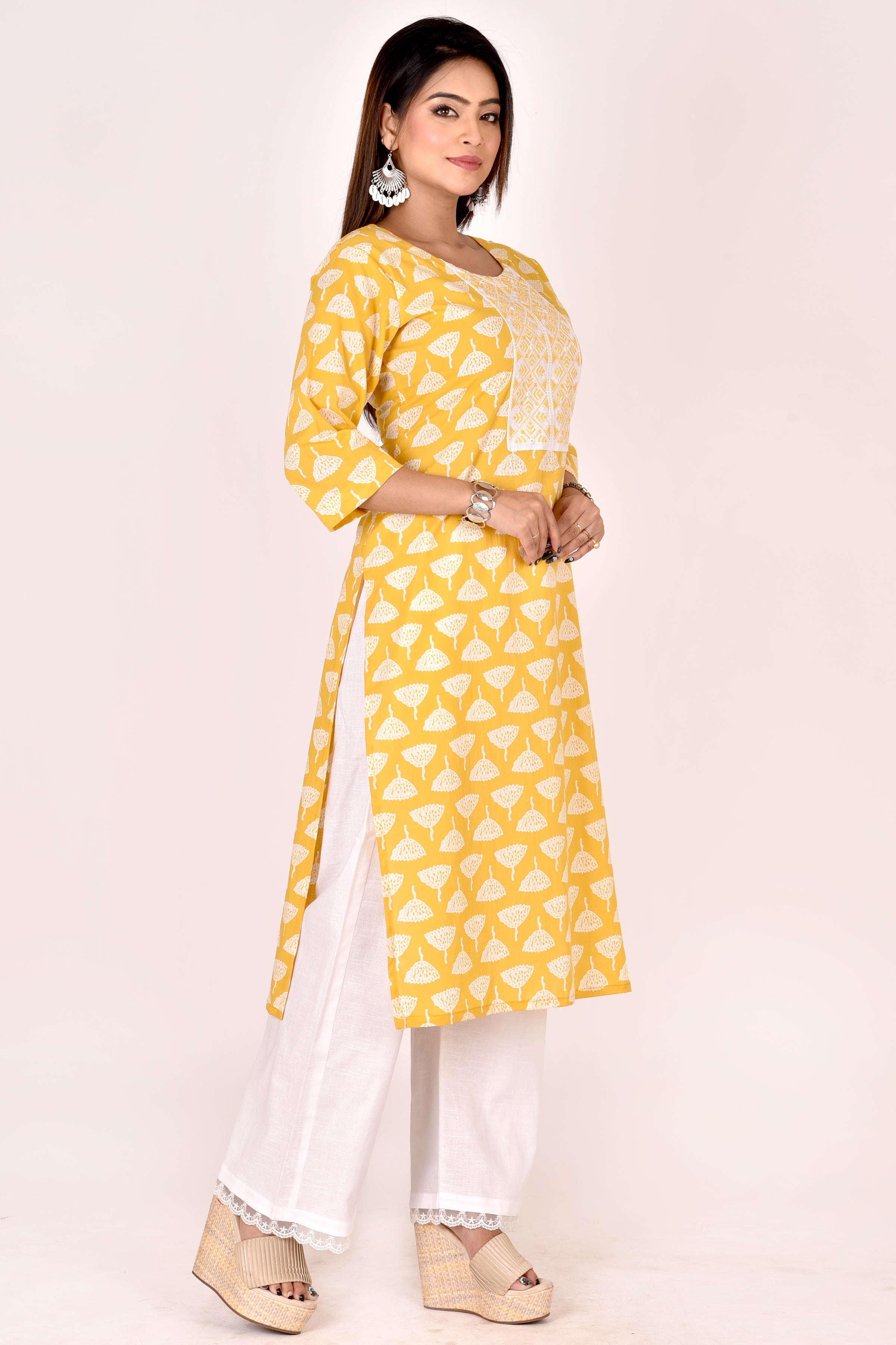 Yellow Floral Embroidered Straight Kurta
