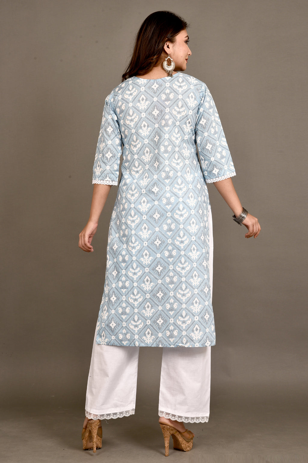 Powder Blue Geometric Floral Print Kurta With Pant