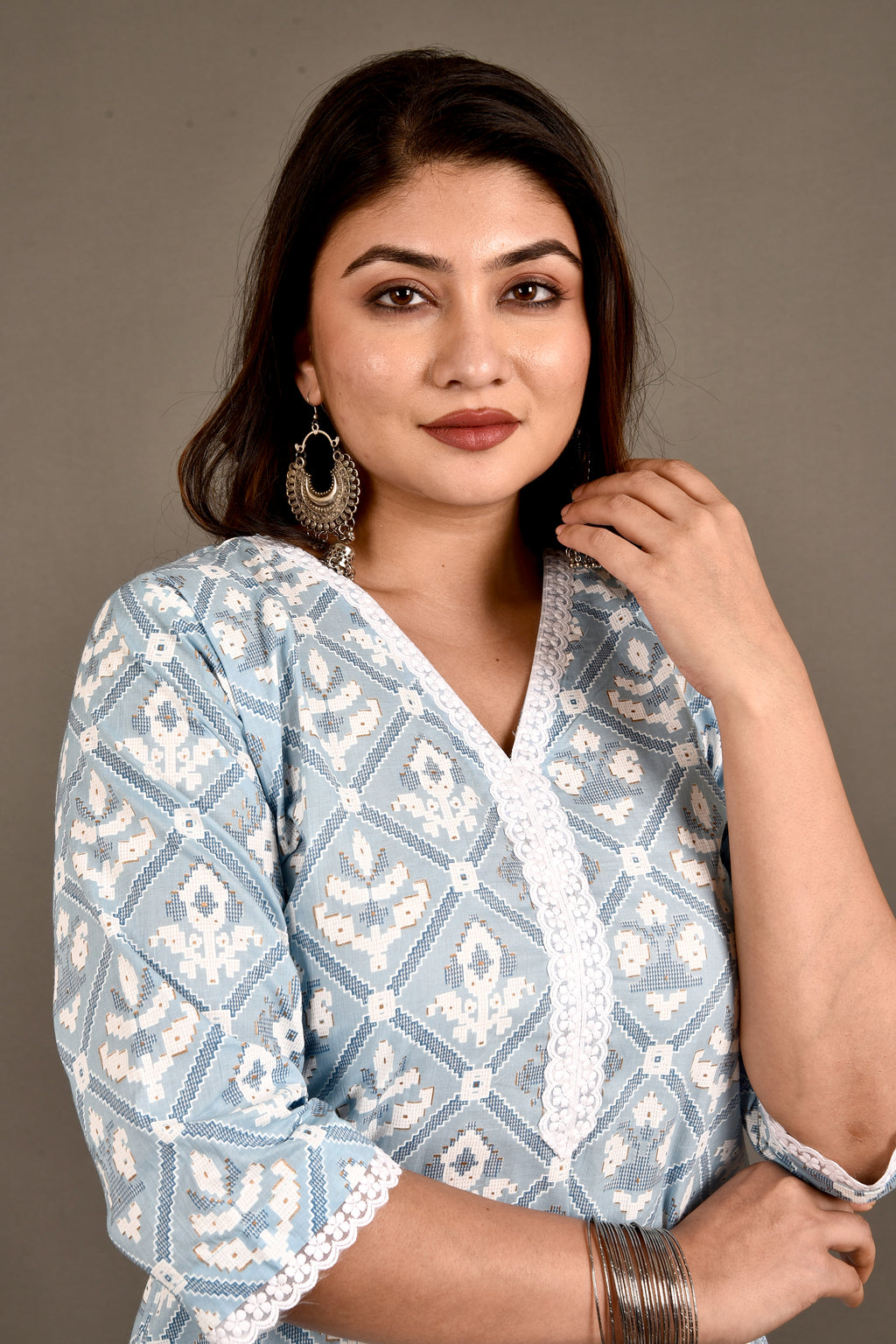 Powder Blue Geometric Floral Print Kurta With Pant