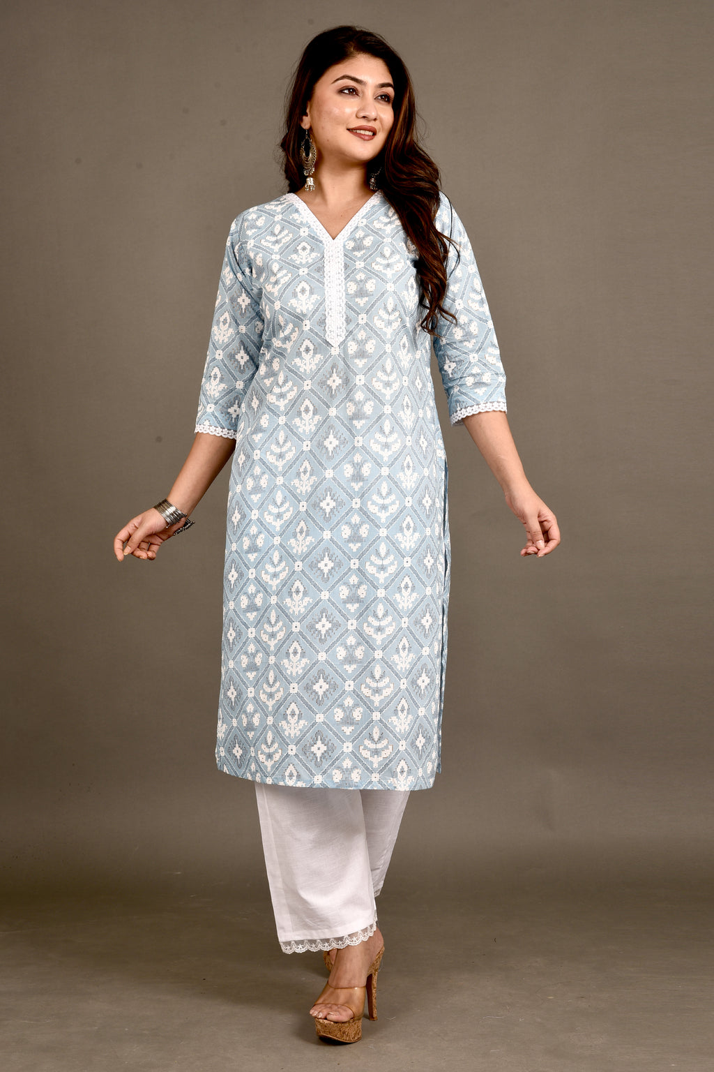 Powder Blue Geometric Floral Print Kurta With Pant