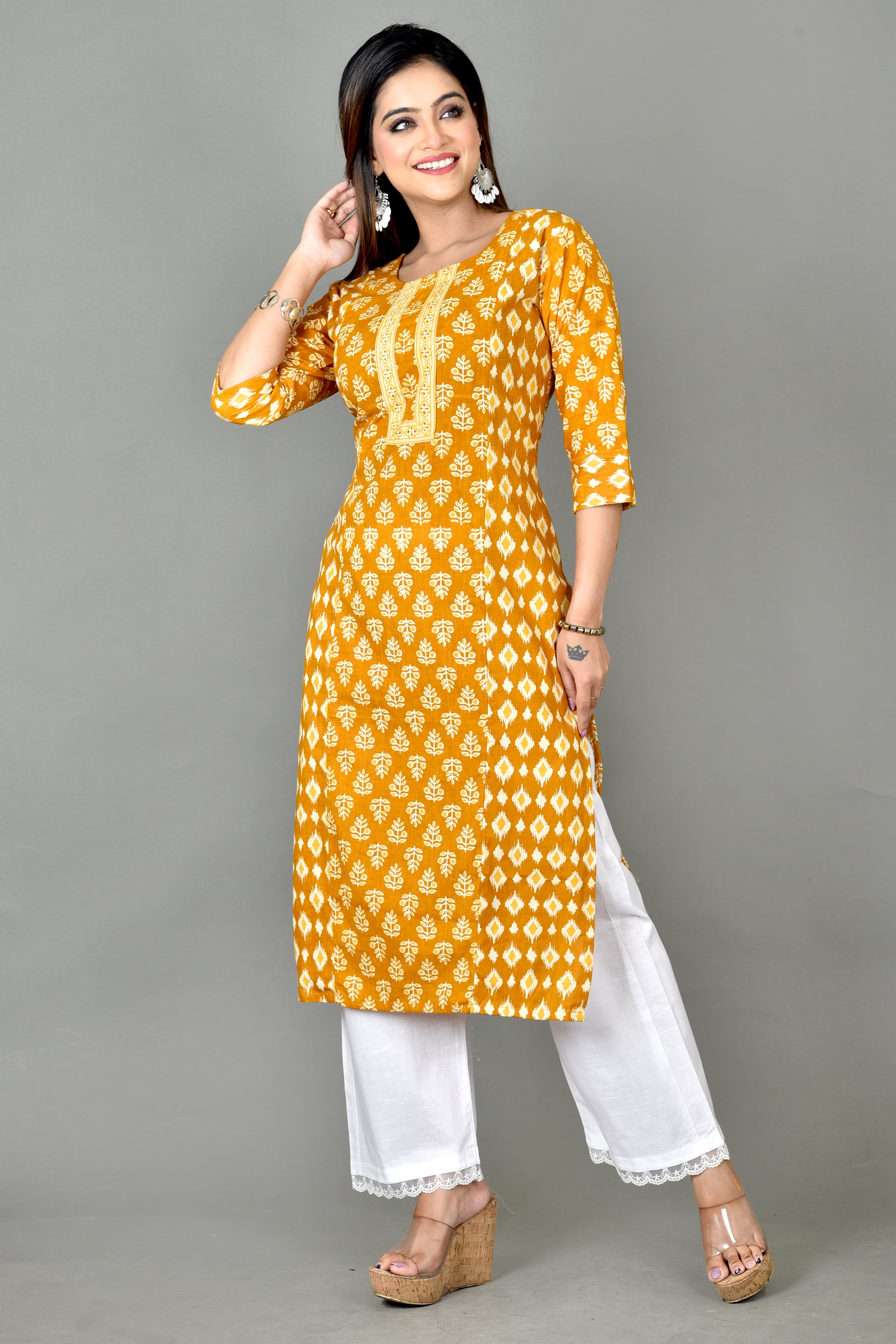Mustard Yellow Mix Match Floral Print Straight Kurta