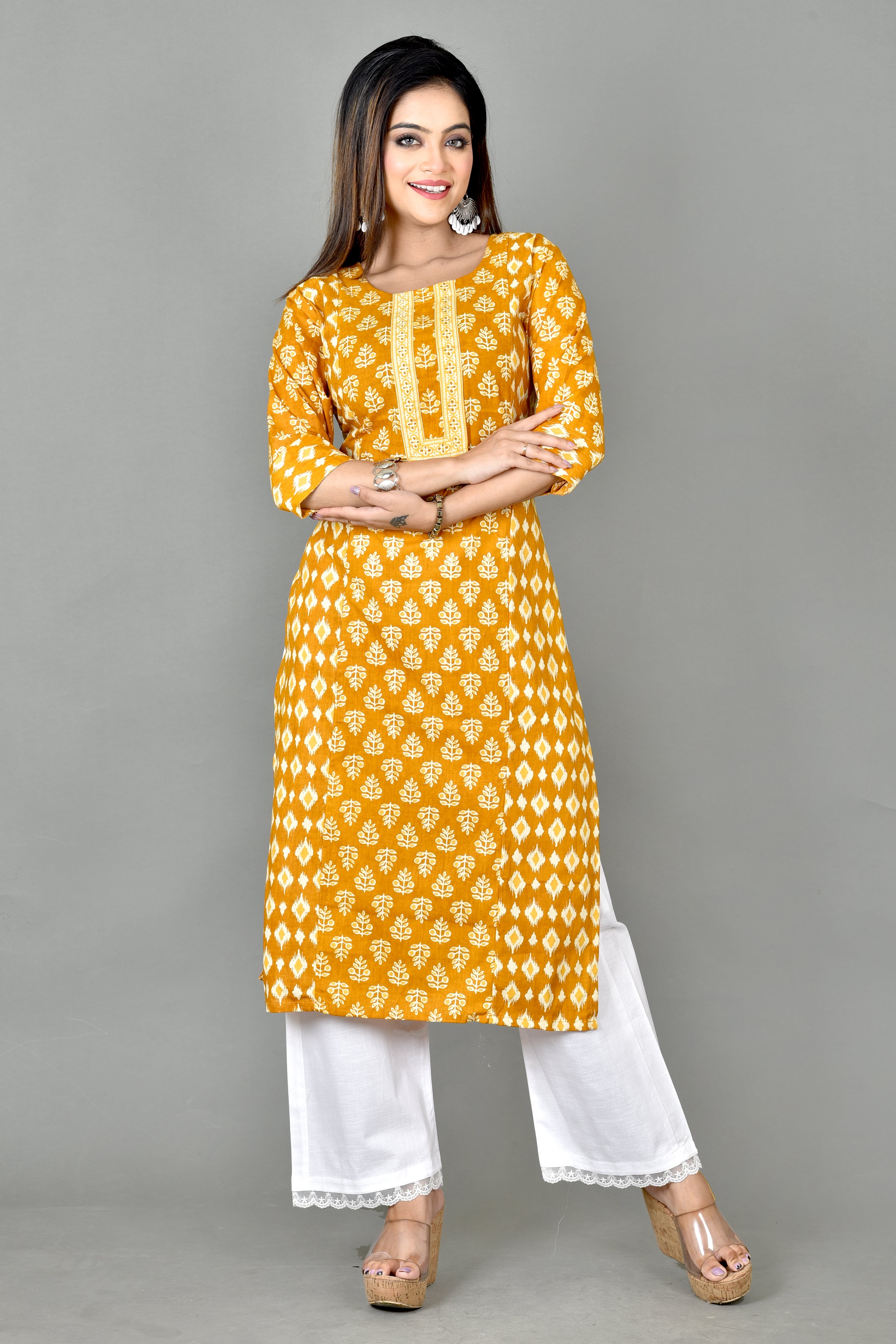 Mustard Yellow Mix Match Floral Print Straight Kurta