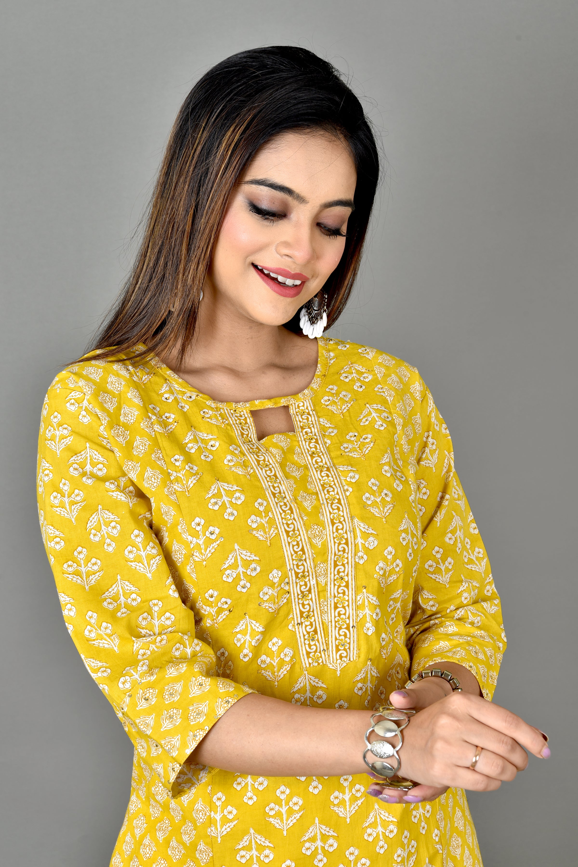 Yellow Mix & Match Floral Print Embroidered Straight Kurta